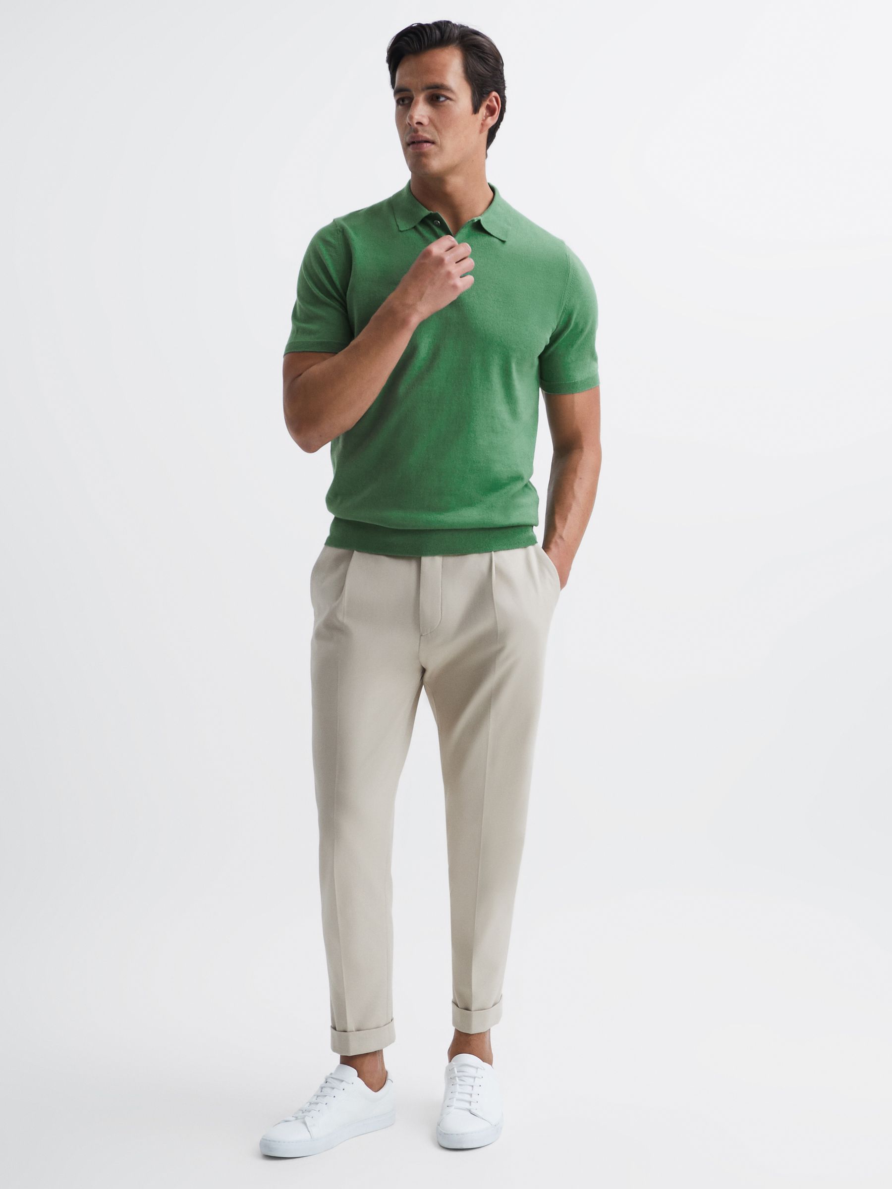 Slim Fit Knitted Polo Shirt in Emerald - Image 3 of 6