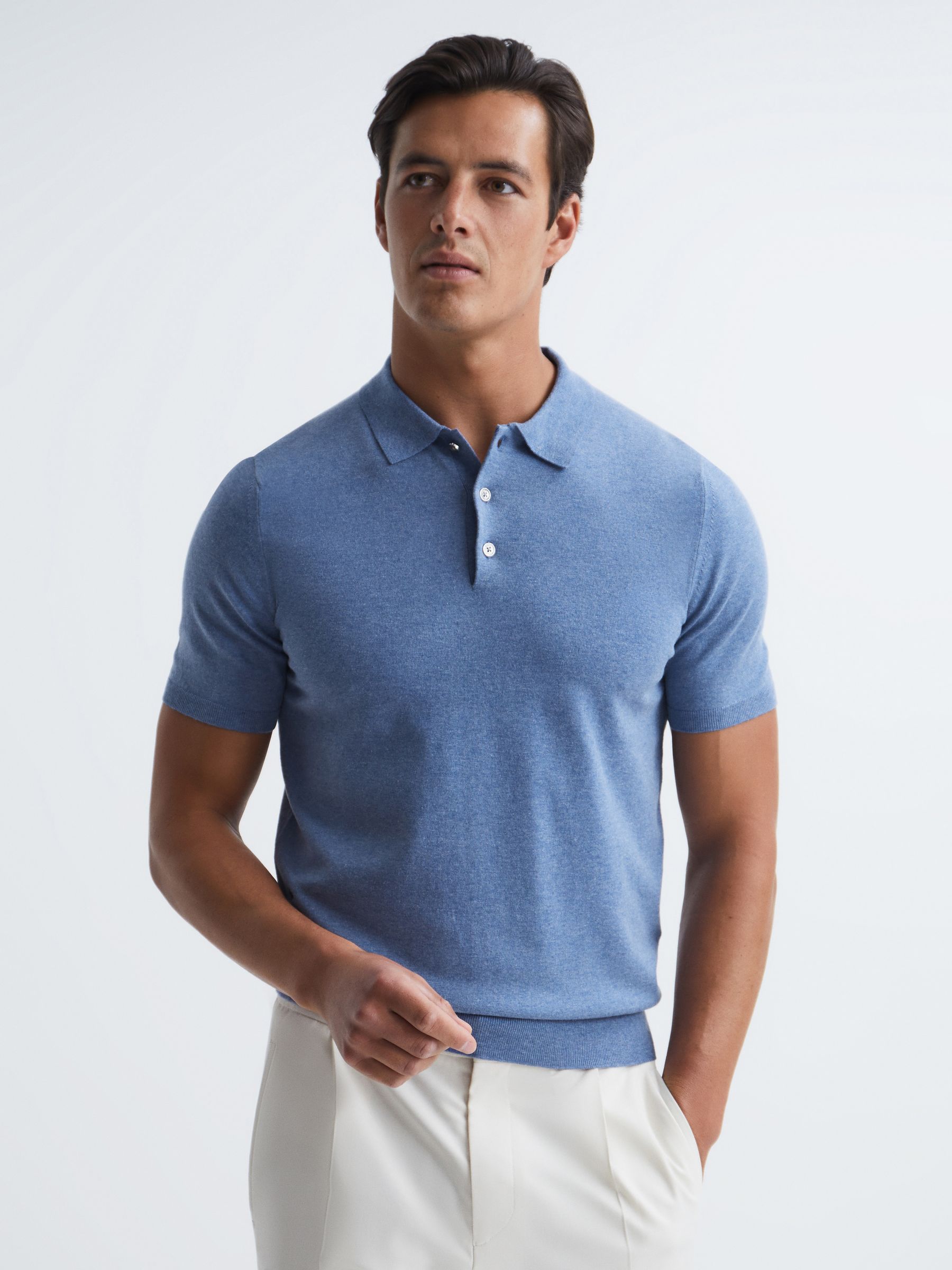Slim Fit Knitted Polo Shirt in Denim Melange - Image 1 of 6