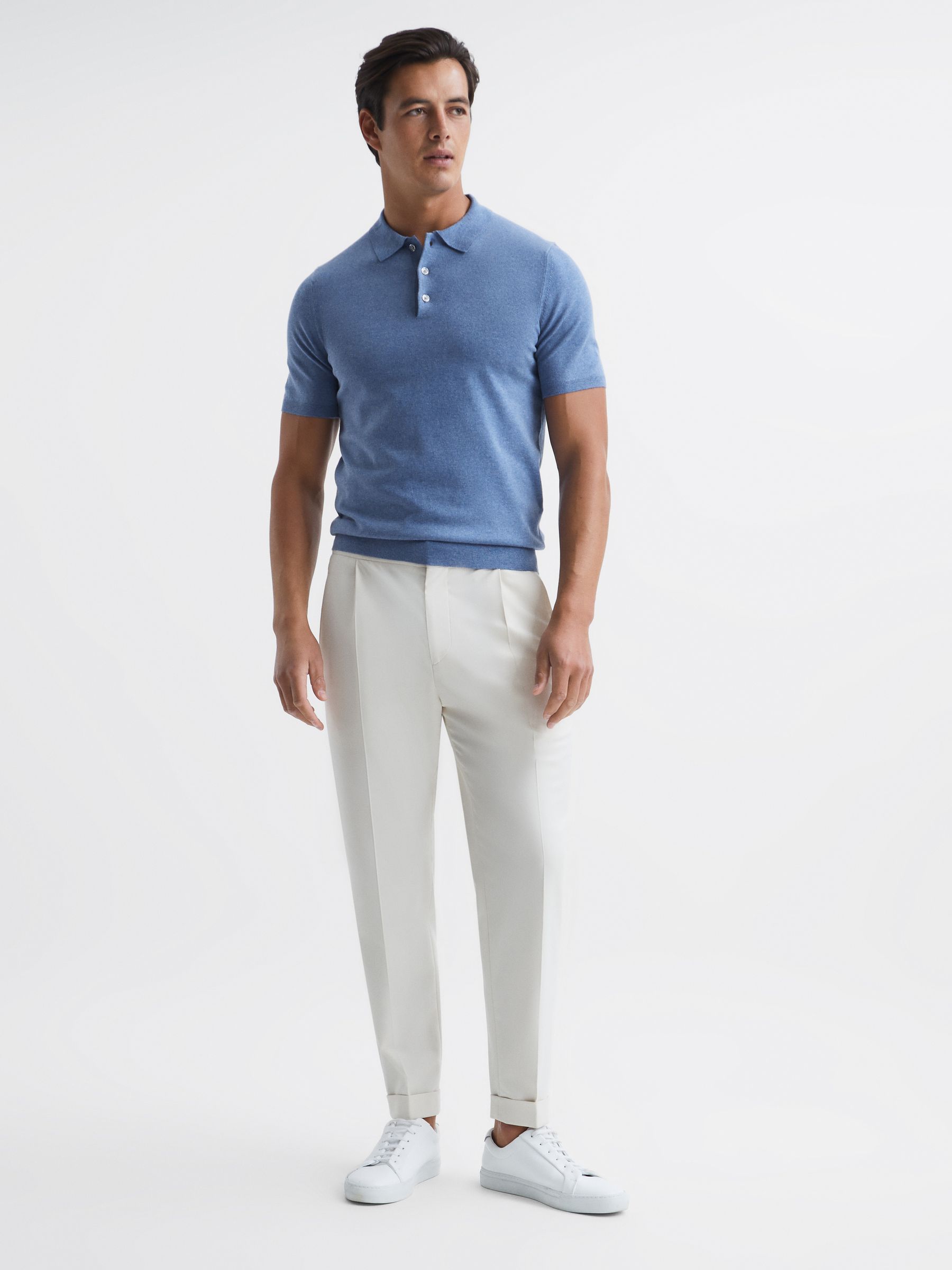Slim Fit Knitted Polo Shirt in Denim Melange - Image 3 of 6