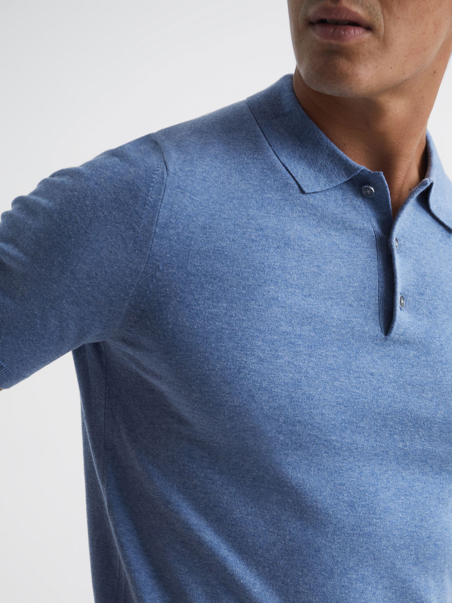 Slim Fit Knitted Polo Shirt in Denim Melange - Image 4 of 6