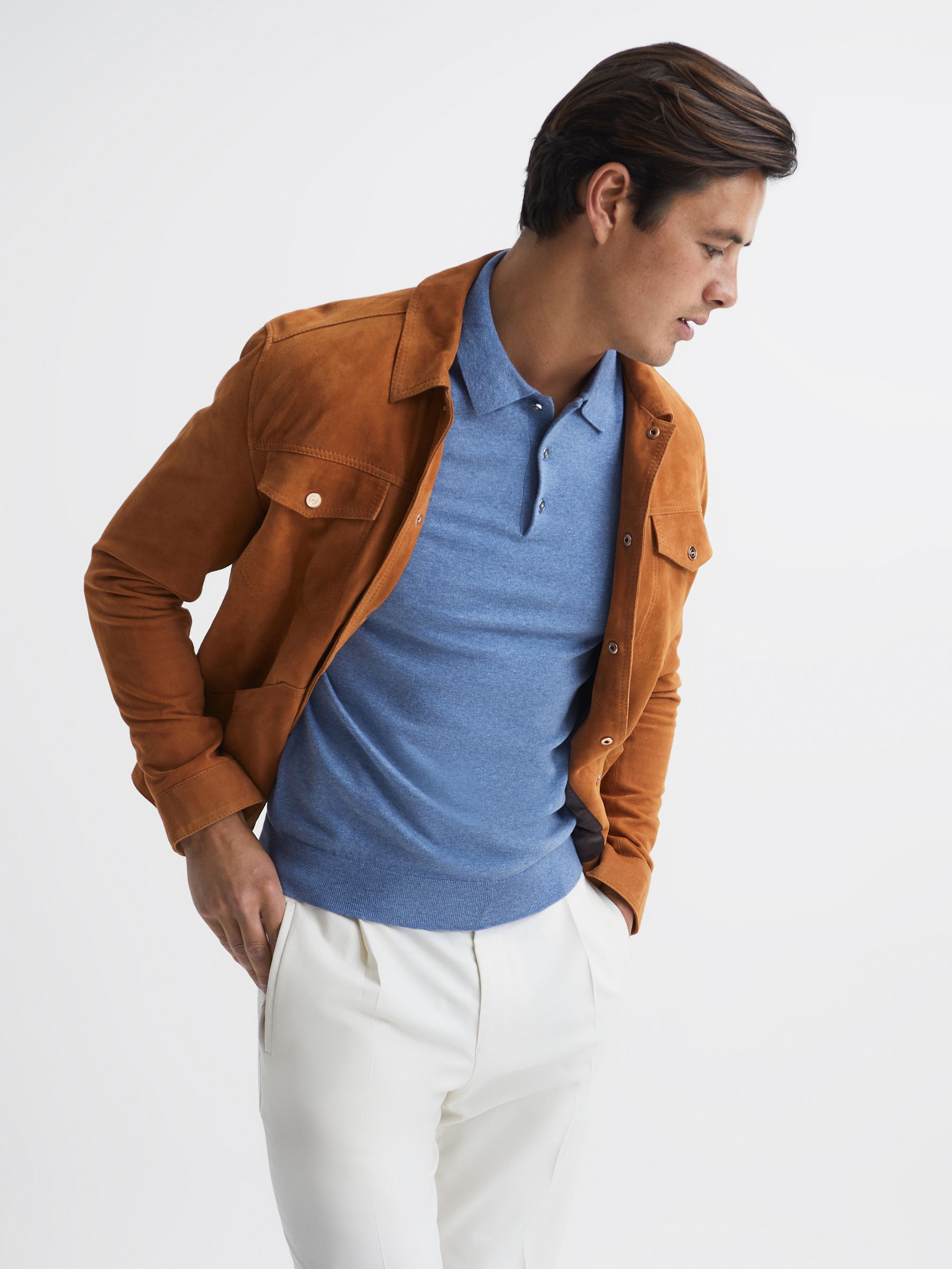 Slim Fit Knitted Polo Shirt in Denim Melange - Image 6 of 6