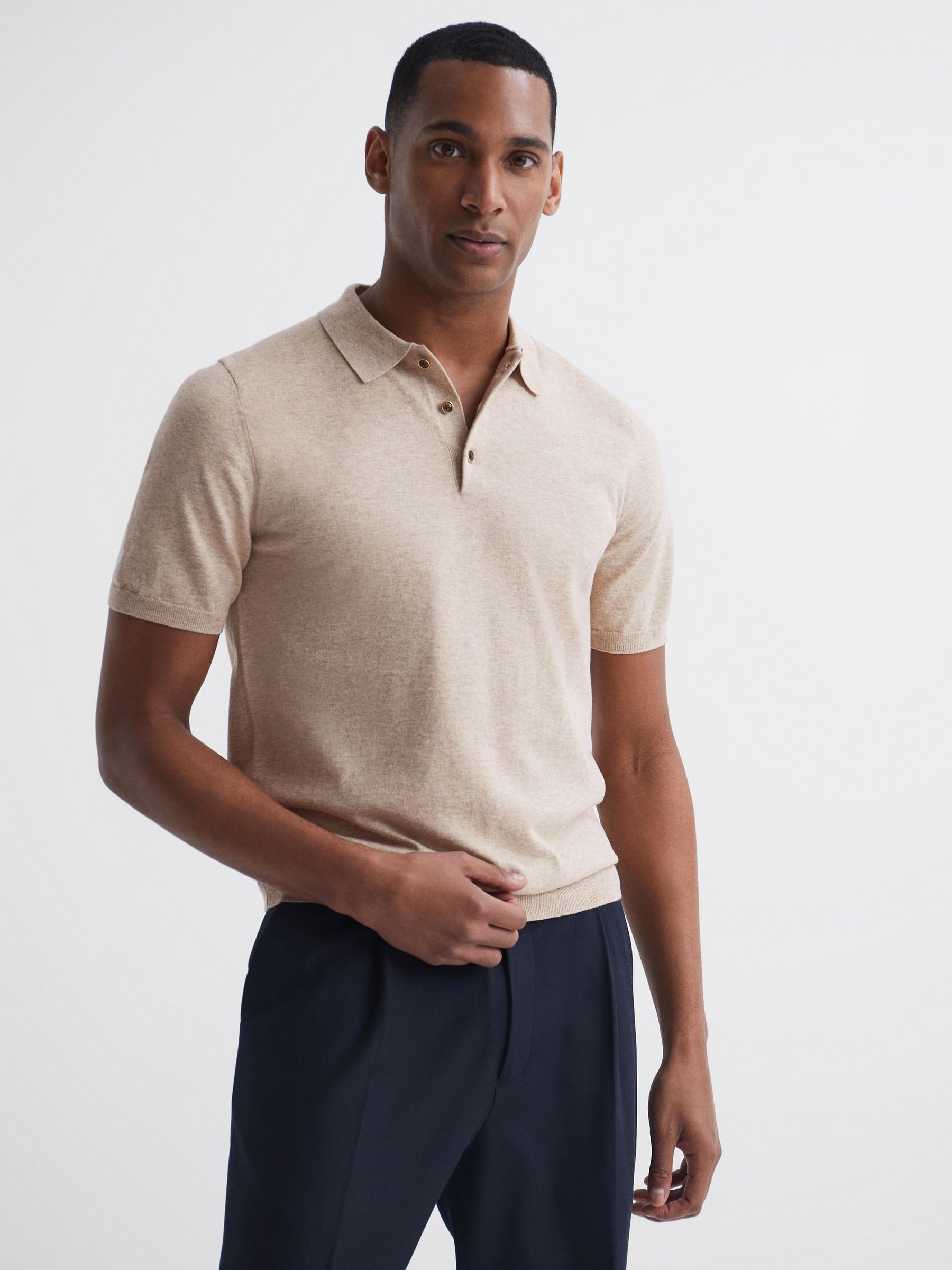 Slim Fit Knitted Polo Shirt in Oatmeal Melange - Image 1 of 6