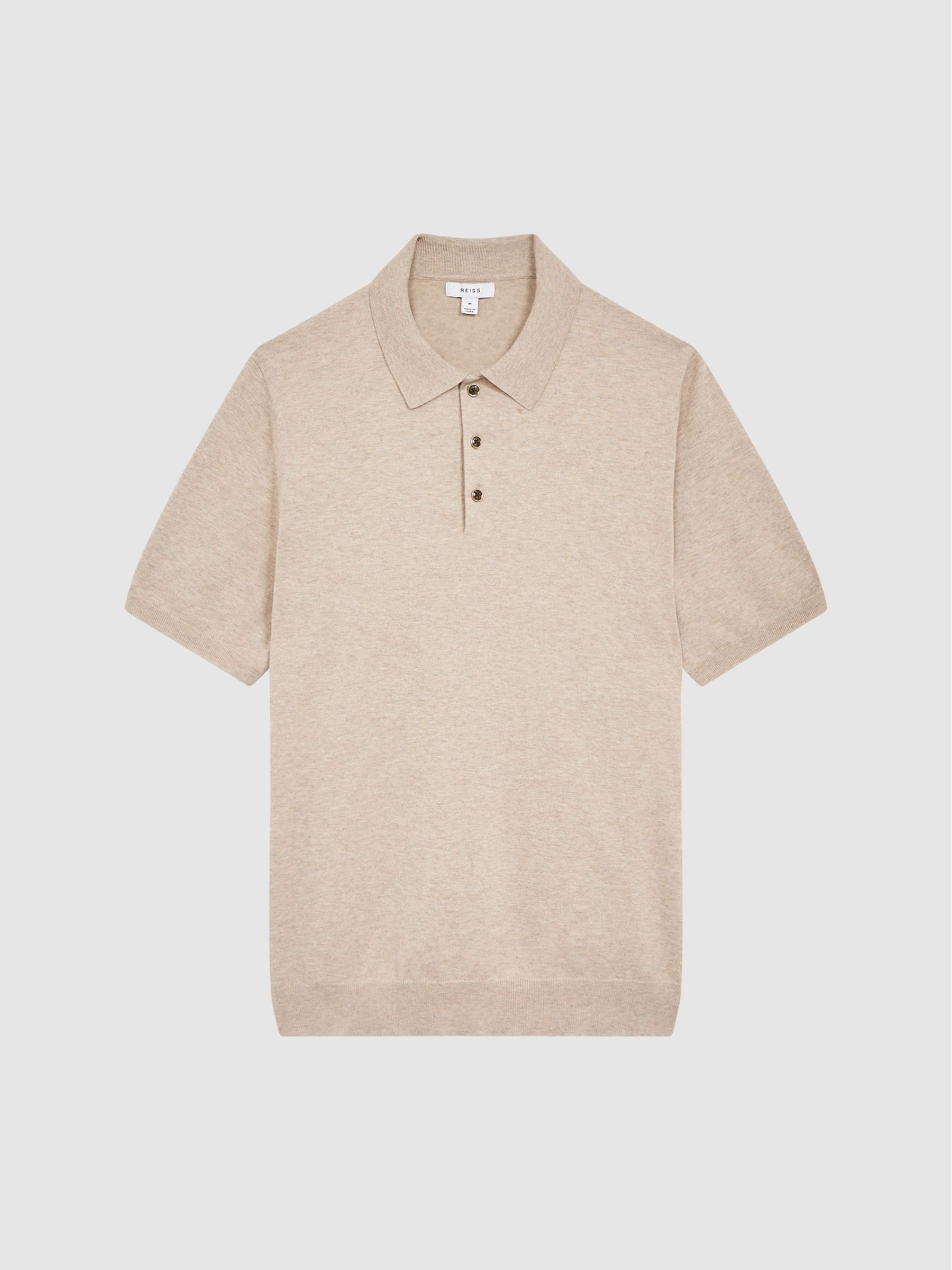 Slim Fit Knitted Polo Shirt in Oatmeal Melange - Image 2 of 6