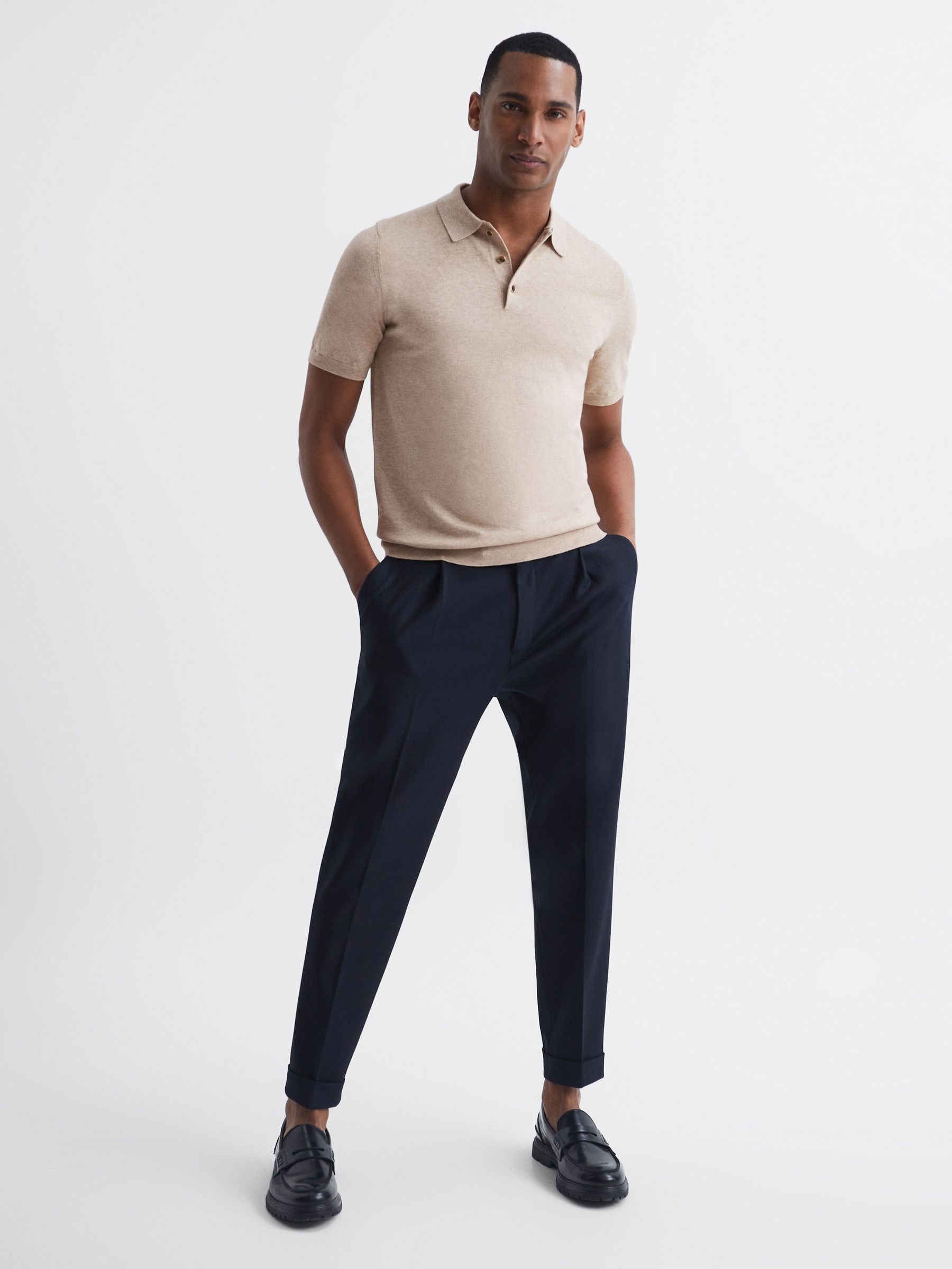 Slim Fit Knitted Polo Shirt in Oatmeal Melange - Image 3 of 6