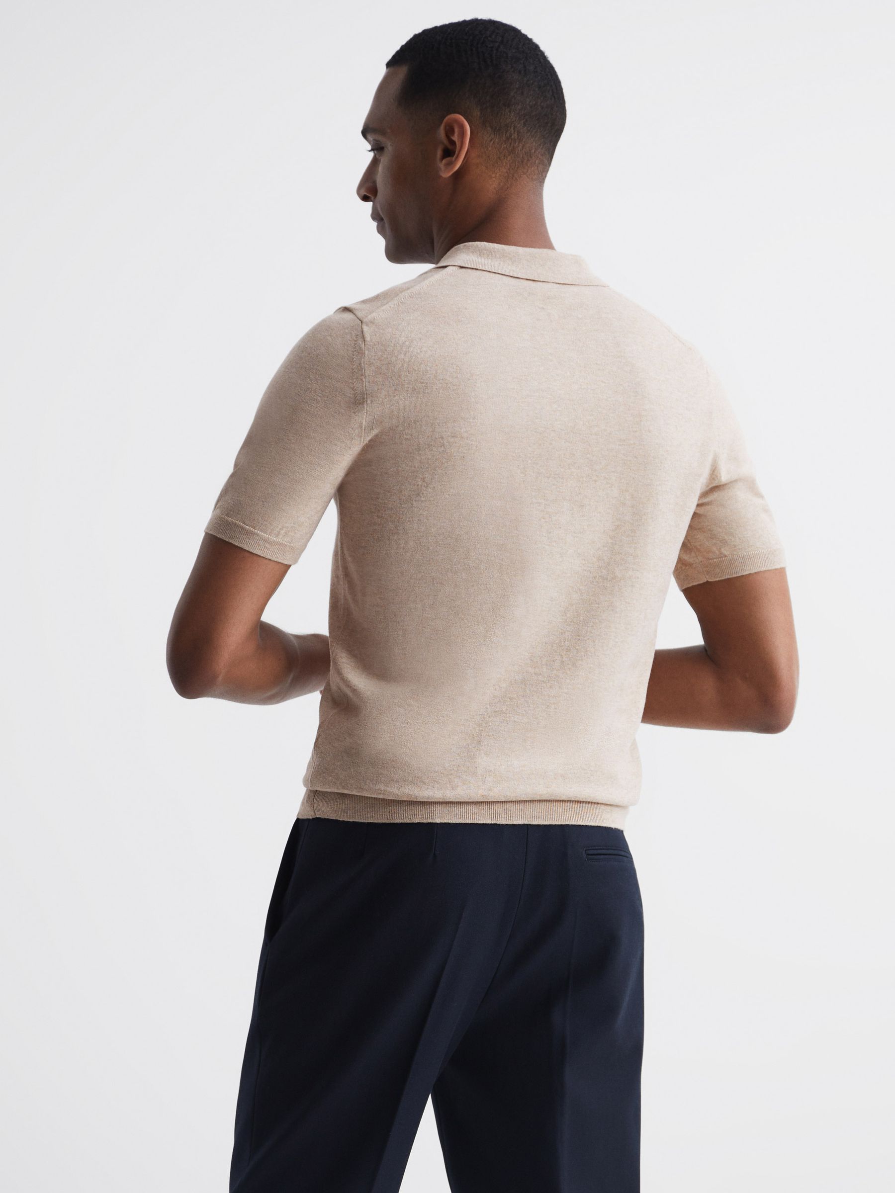 Slim Fit Knitted Polo Shirt in Oatmeal Melange - Image 5 of 6