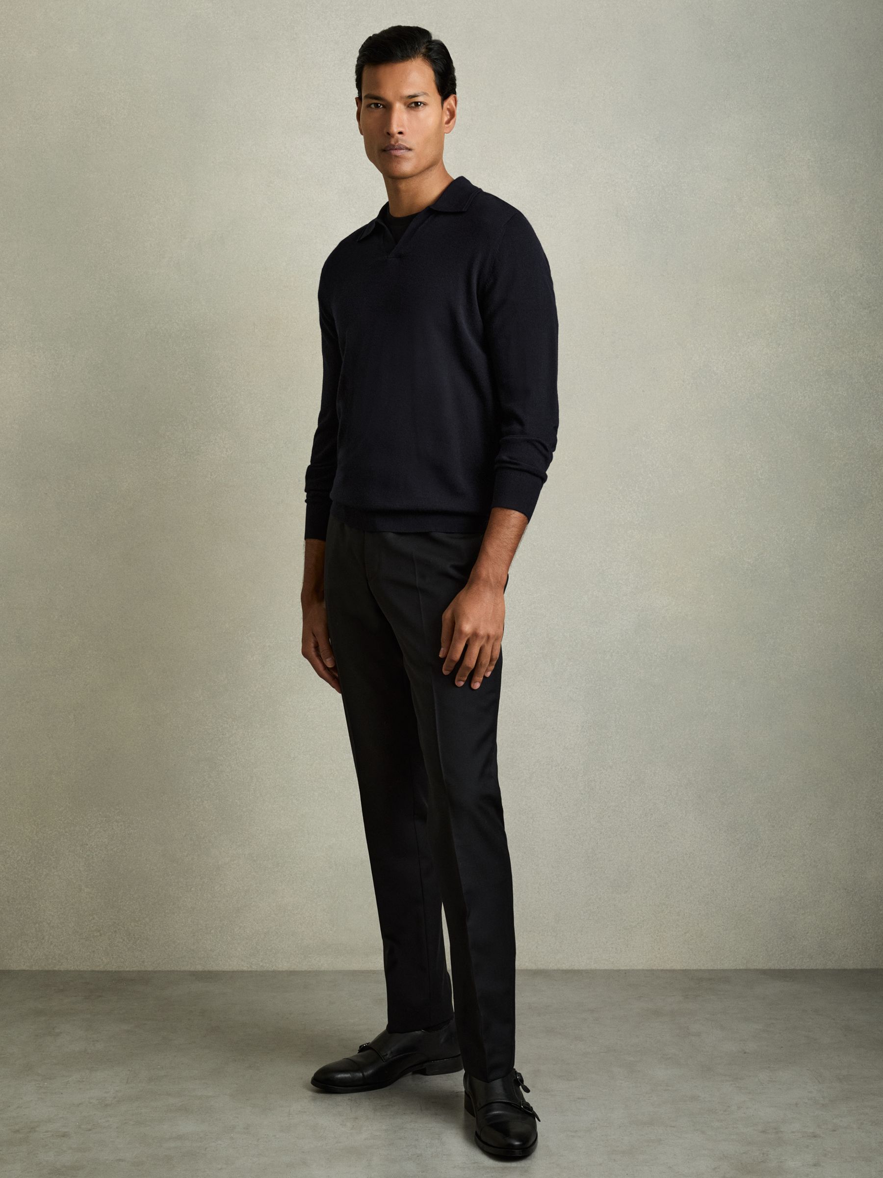 Merino Wool Half-Zip Polo Shirt in Navy - Image 3 of 7