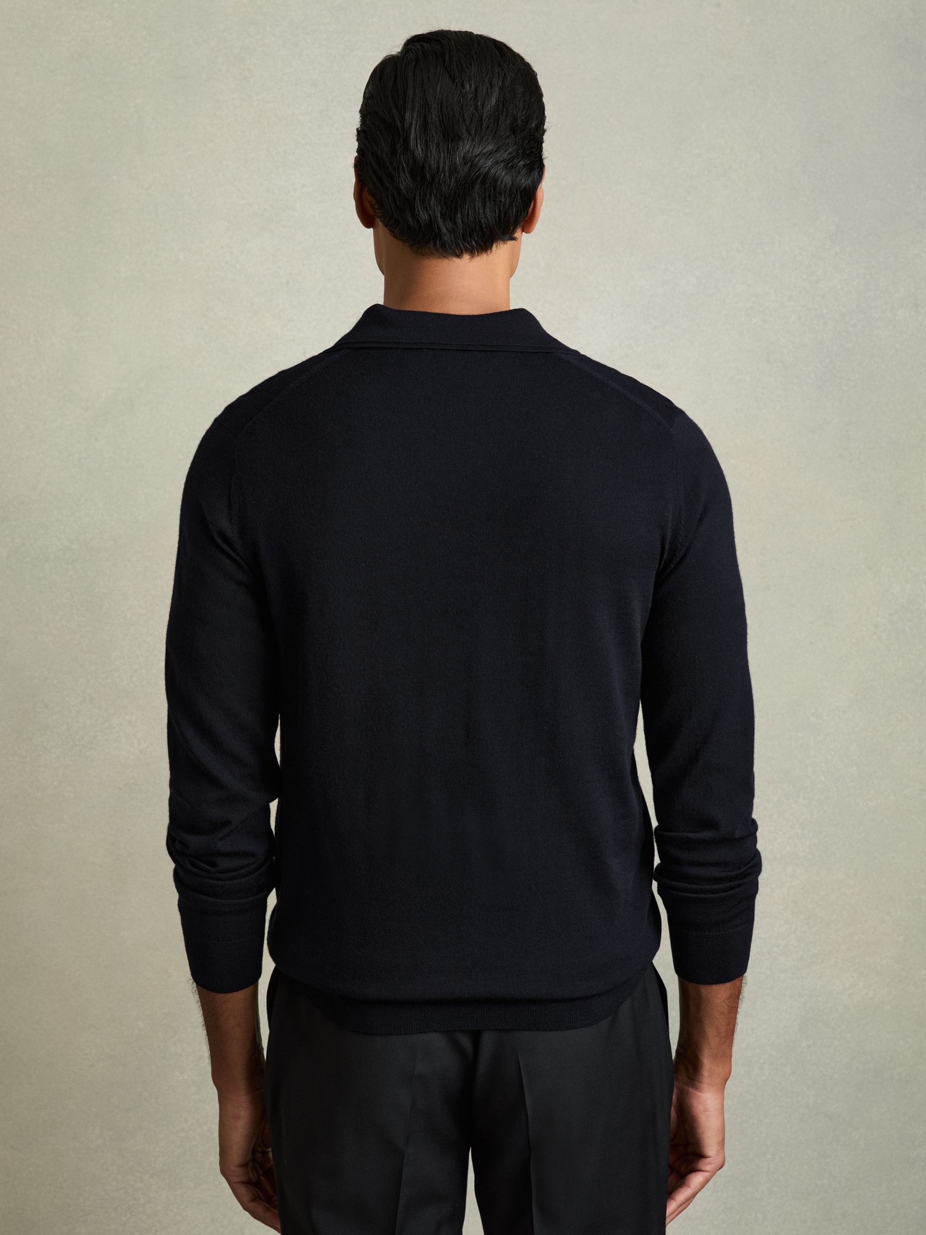 Merino Wool Half-Zip Polo Shirt in Navy - Image 5 of 7