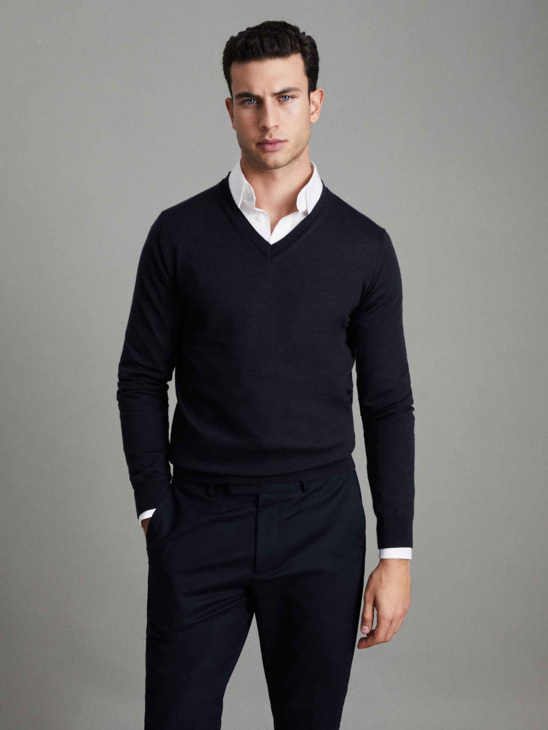 Merino Wool V-Neck Jumper in Navy - Image 1 of 6