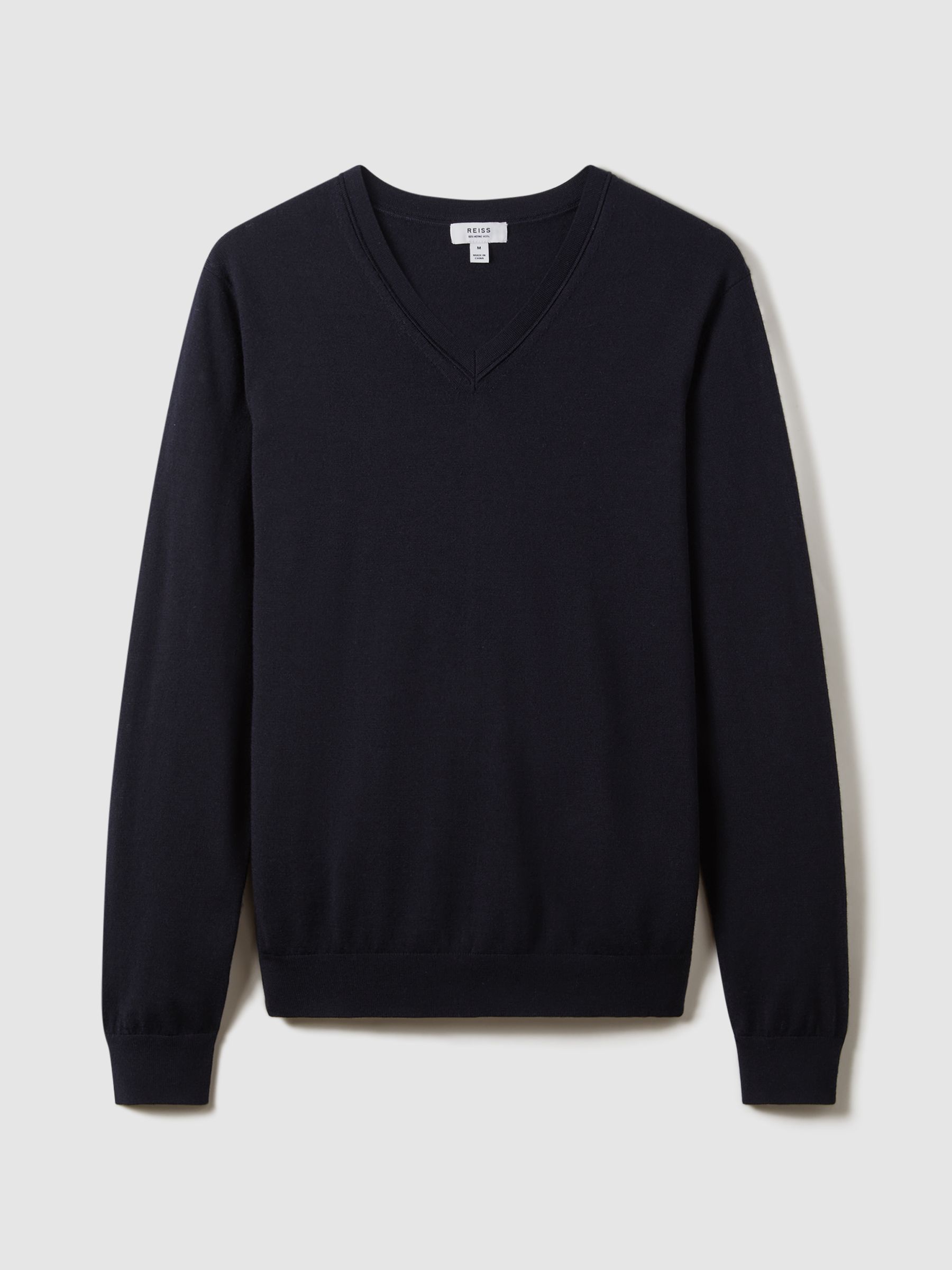 Merino Wool V-Neck Jumper in Navy - Image 2 of 6
