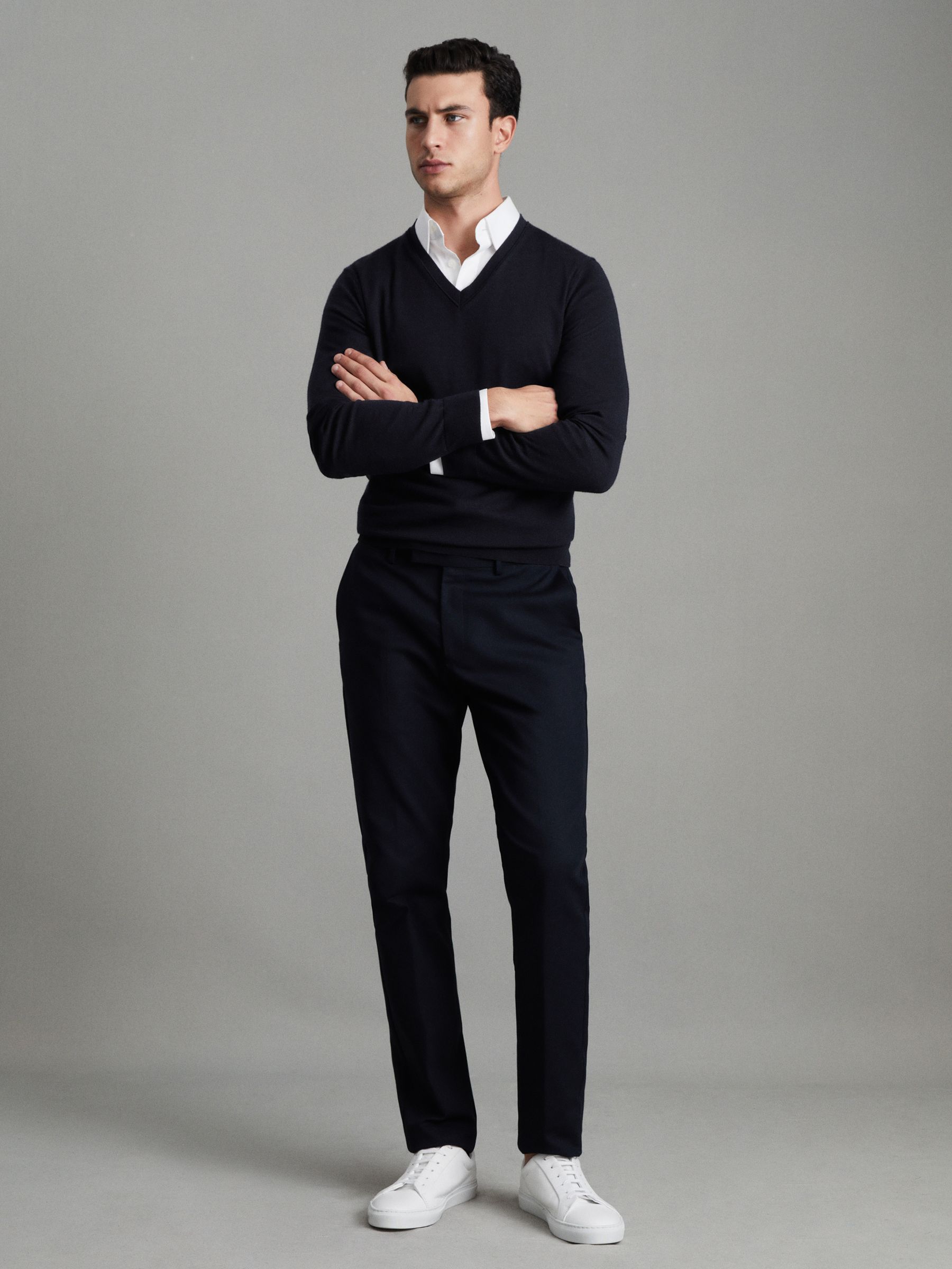 Merino Wool V-Neck Jumper in Navy - Image 3 of 6