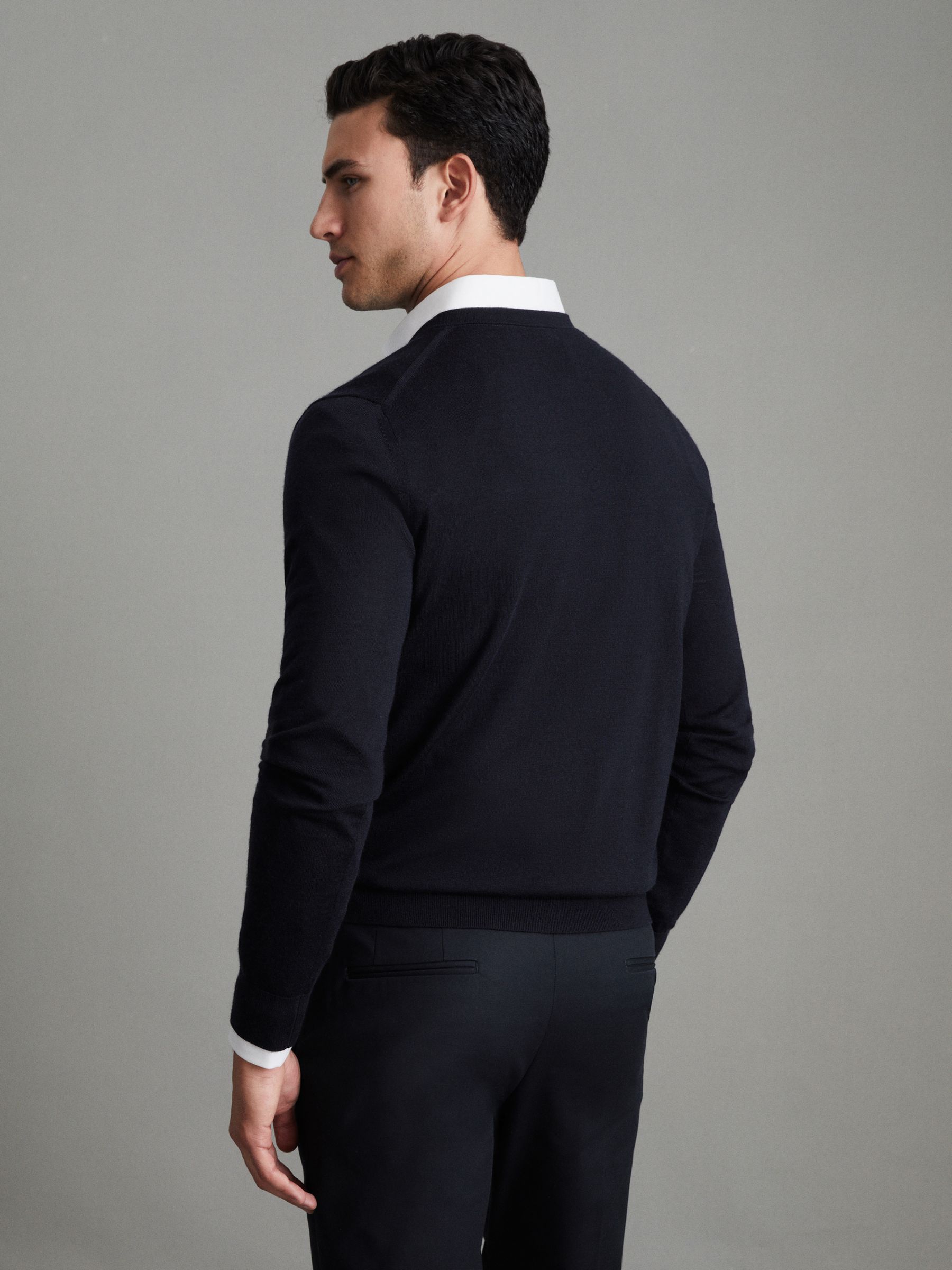 Merino Wool V-Neck Jumper in Navy - Image 4 of 6