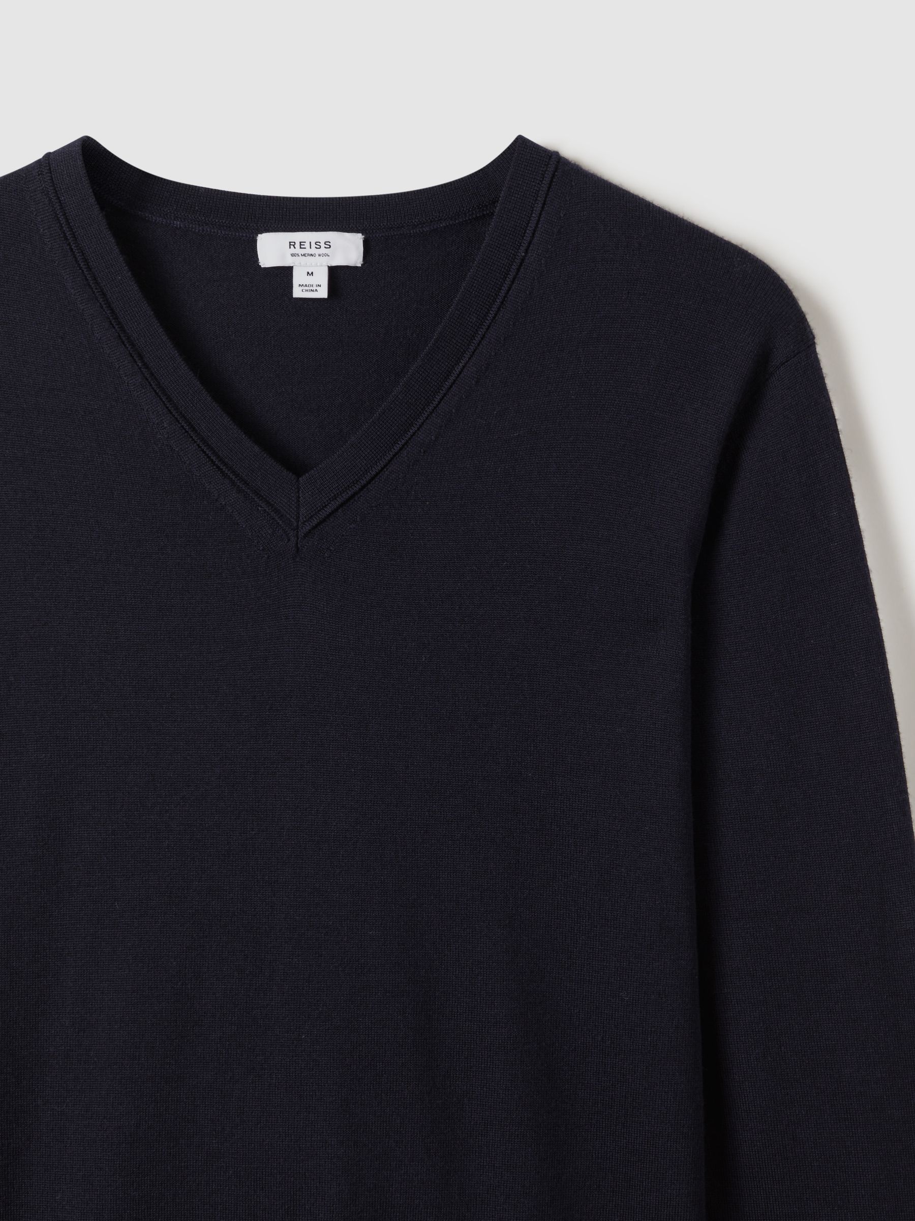 Merino Wool V-Neck Jumper in Navy - Image 5 of 6
