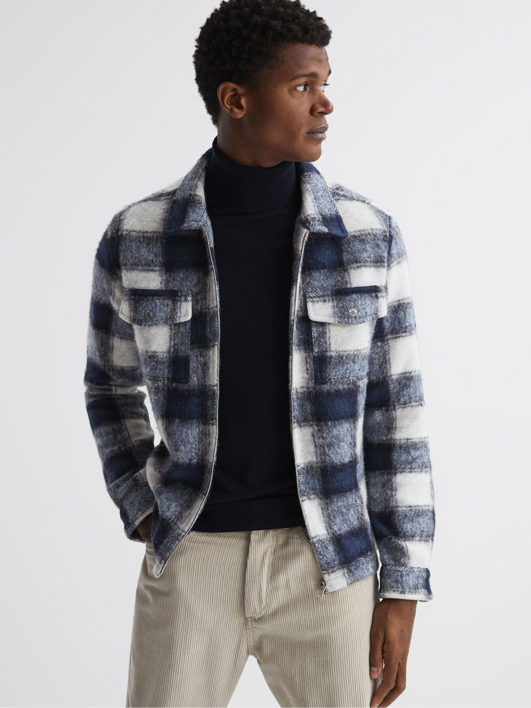 Check Zip Overshirt in Blue - Image 1 of 5