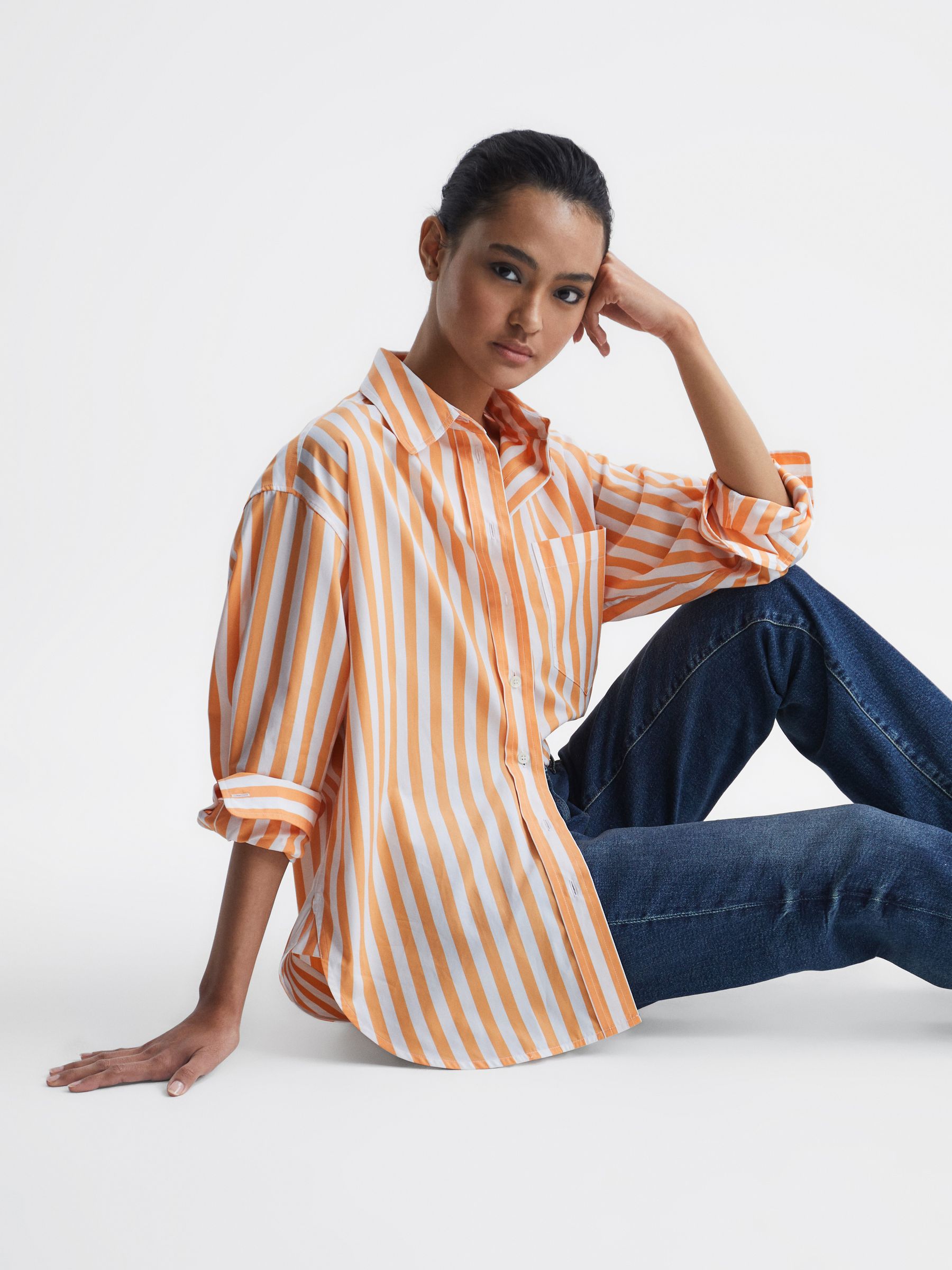 Relaxed Fit Striped Cotton Shirt in Orange/White - Image 1 of 7