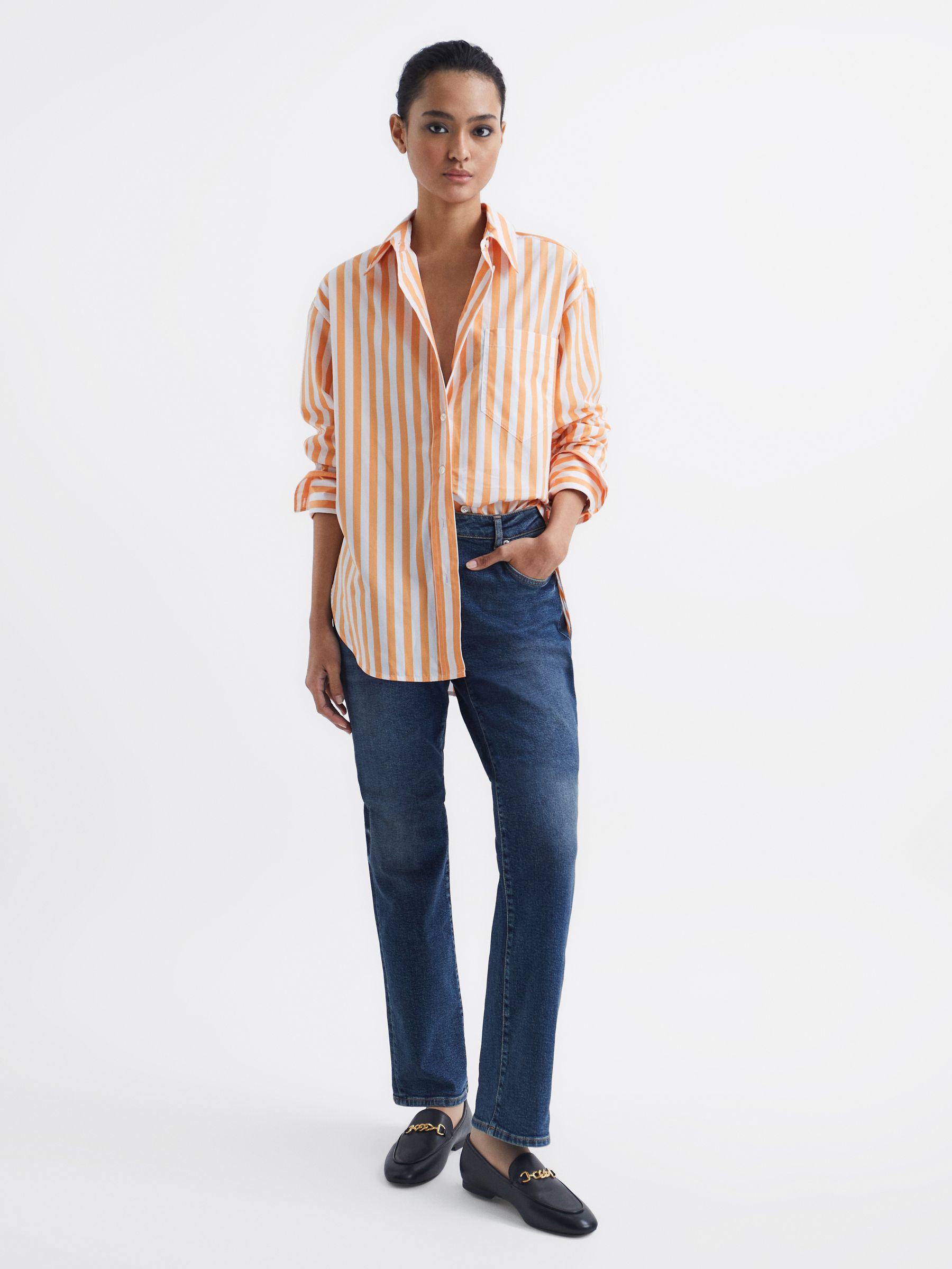 Relaxed Fit Striped Cotton Shirt in Orange/White - Image 3 of 7