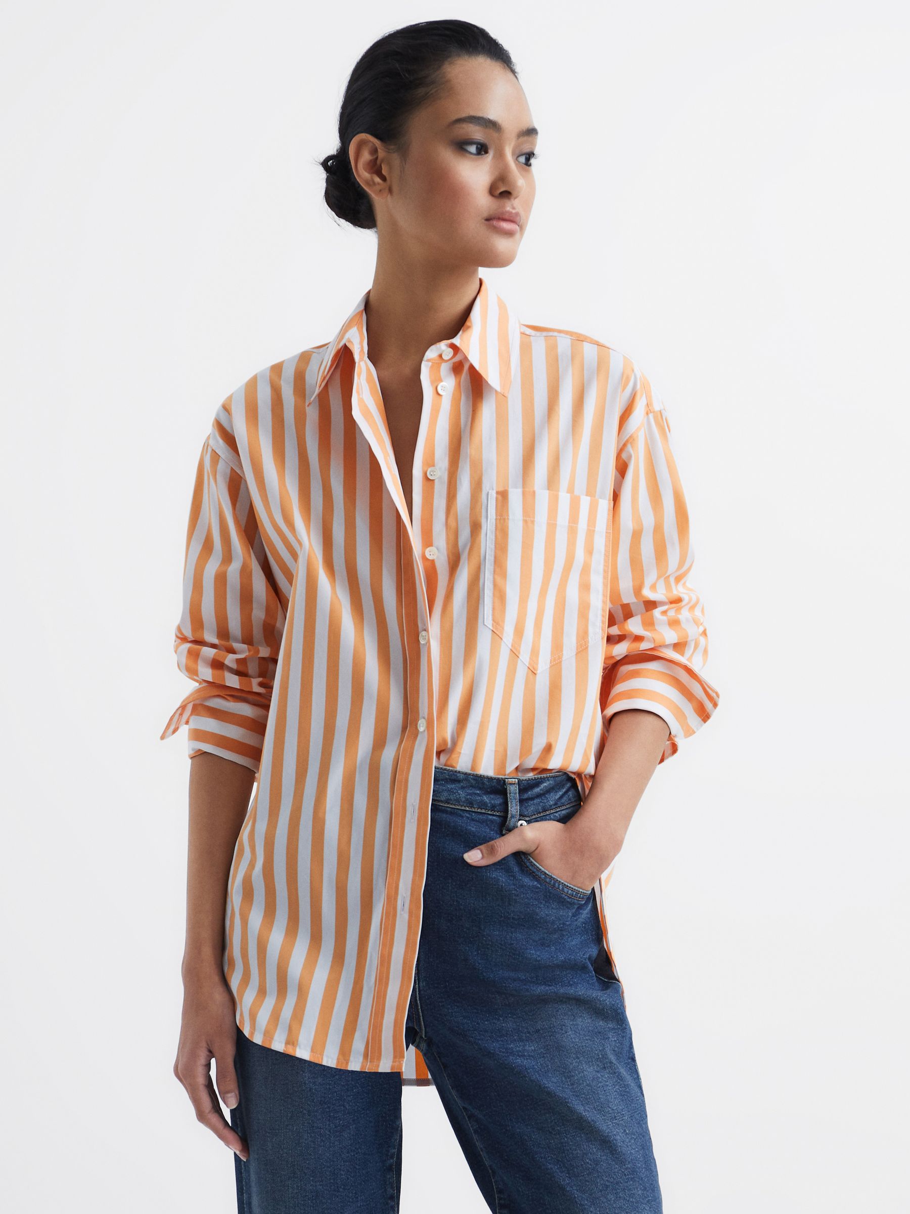 Relaxed Fit Striped Cotton Shirt in Orange/White - Image 6 of 7