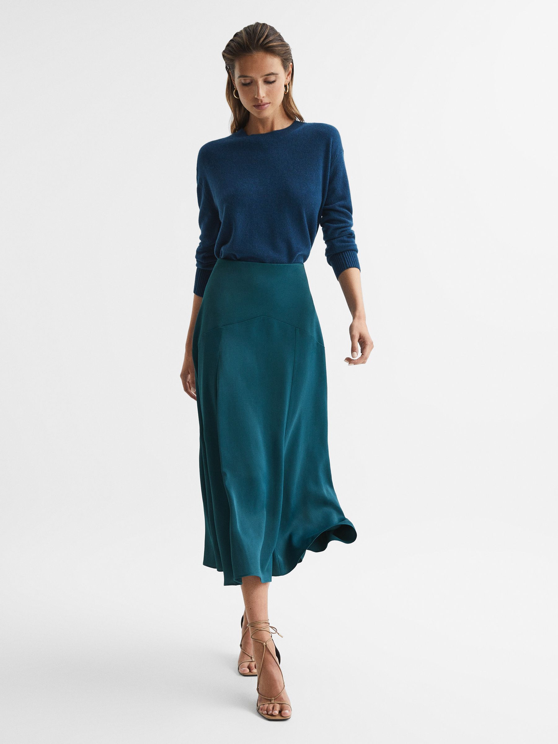 【海外限定】REISSスカート☆Teal Inga Satin High Rise Midi Sk REISS Inga Satin High Rise Midi Skirt | endource