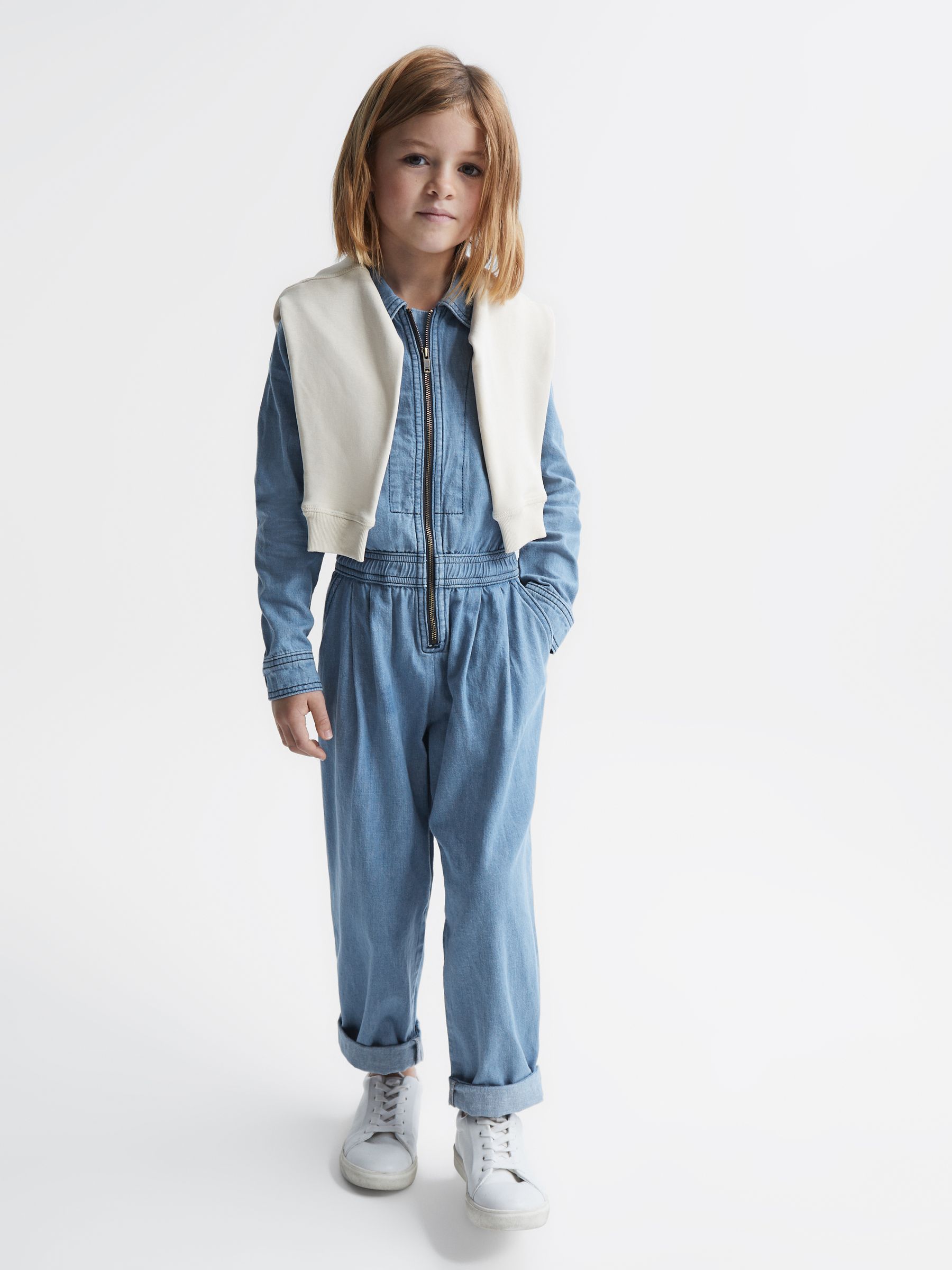 4-9 yrs Denim Zip Front Jumpsuit in Mid Blue - Image 1 of 6