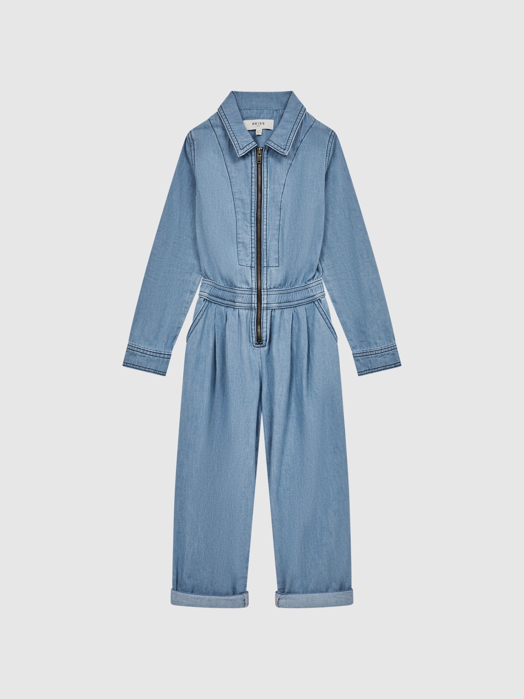 4-9 yrs Denim Zip Front Jumpsuit in Mid Blue - Image 2 of 6