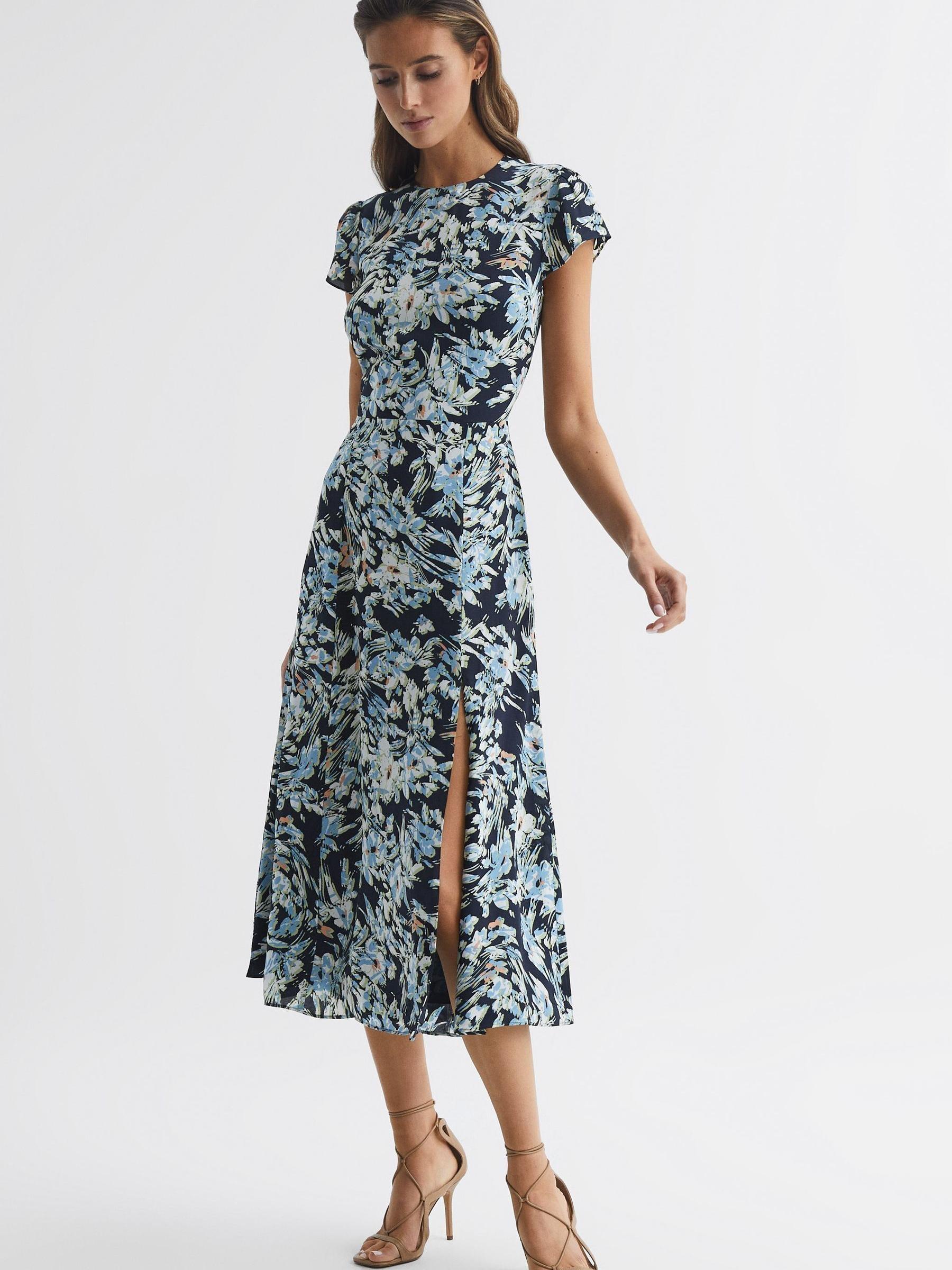 Printed Cut Out Back Midi Dress in Navy/Blue - Image 1 of 5