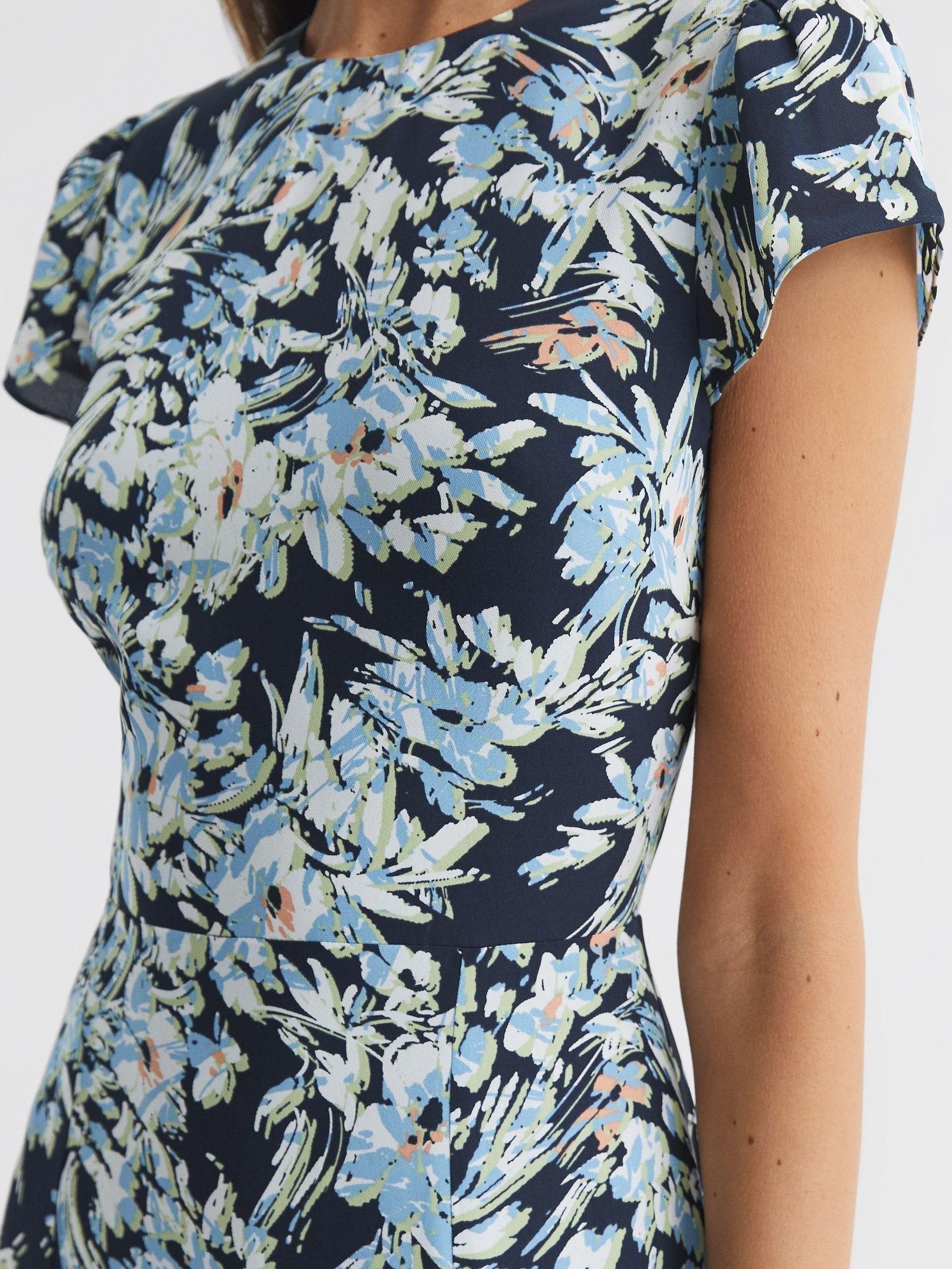 Printed Cut Out Back Midi Dress in Navy/Blue - Image 4 of 5