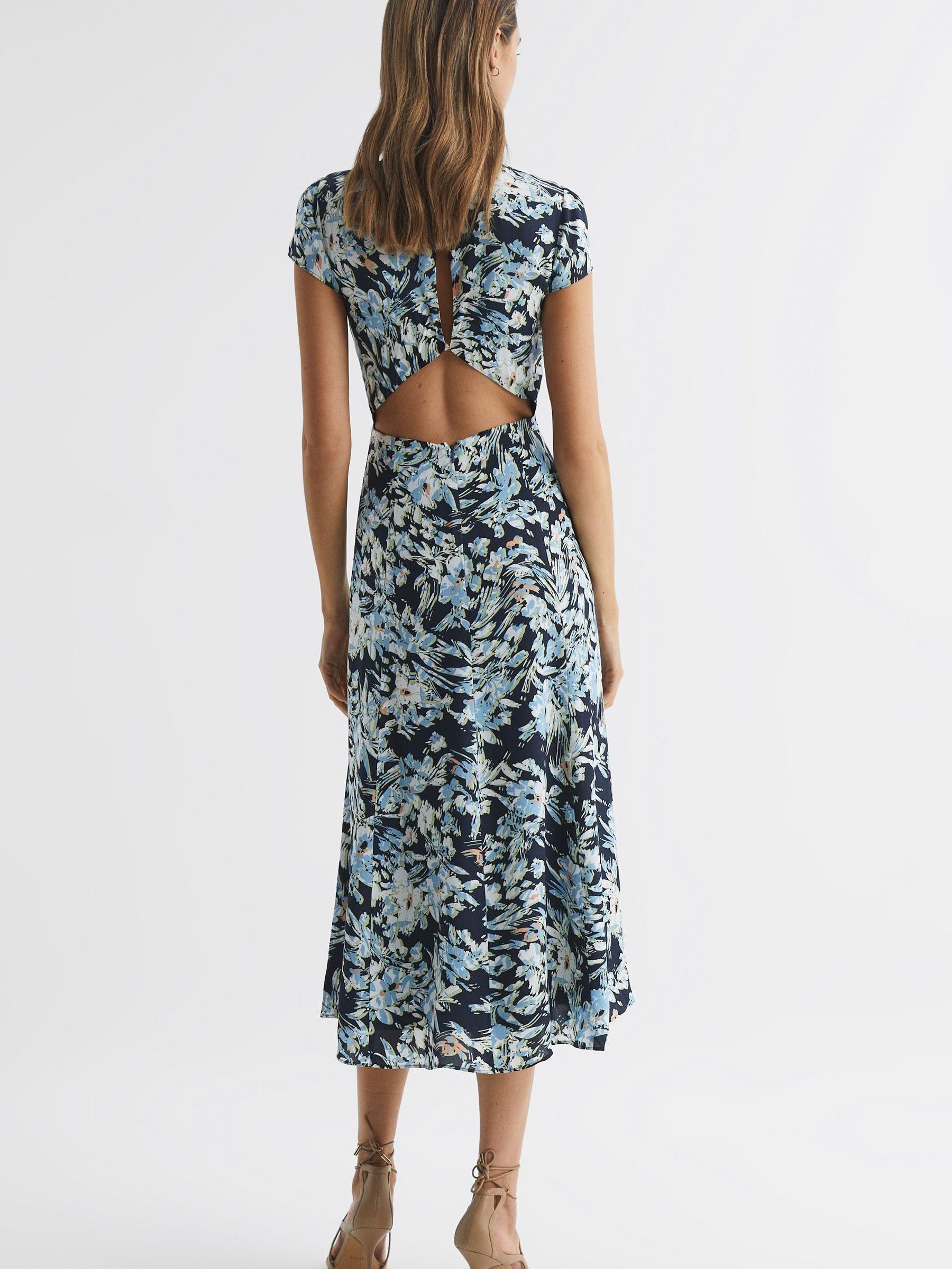 Printed Cut Out Back Midi Dress in Navy/Blue - Image 5 of 5