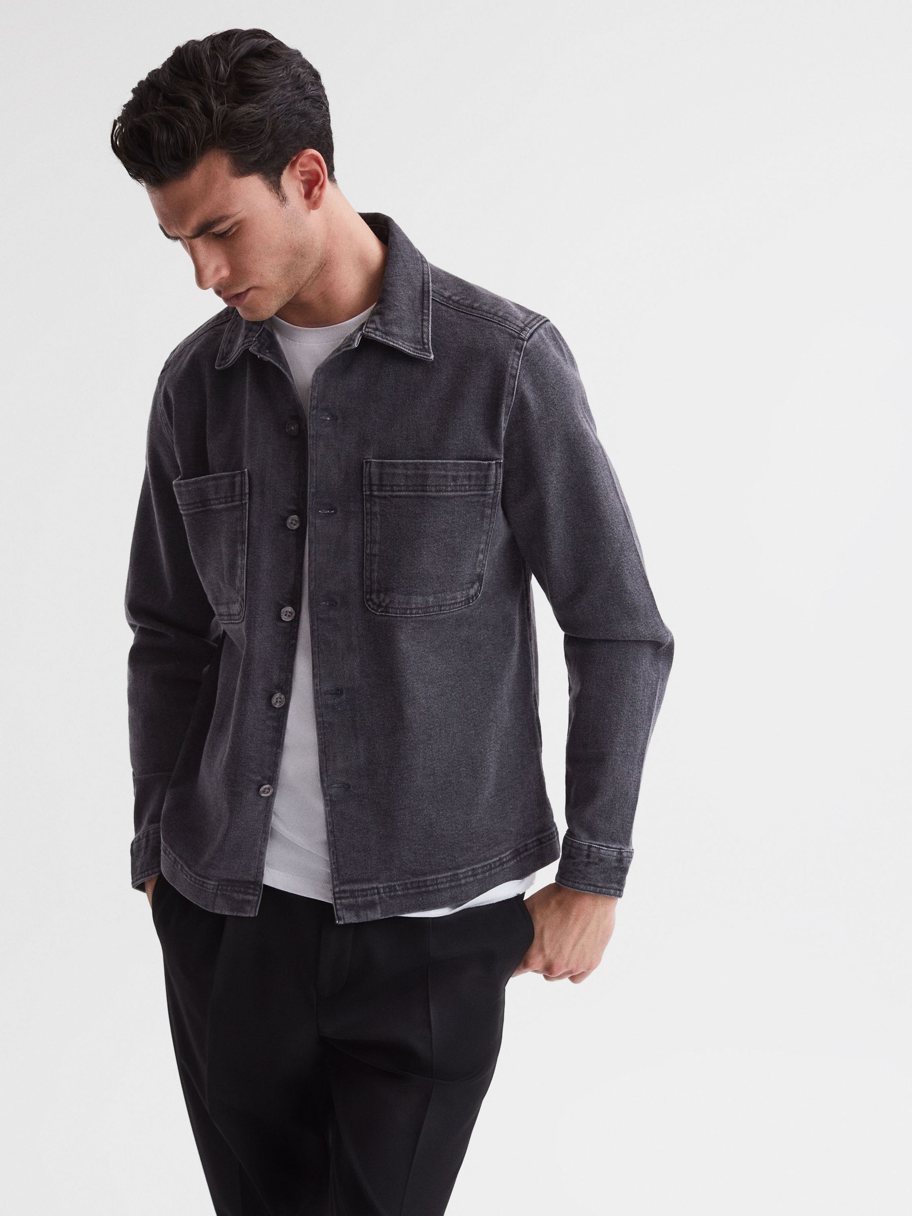 Reiss Long Sleeve Denim Overshirt in Washed Black REISS