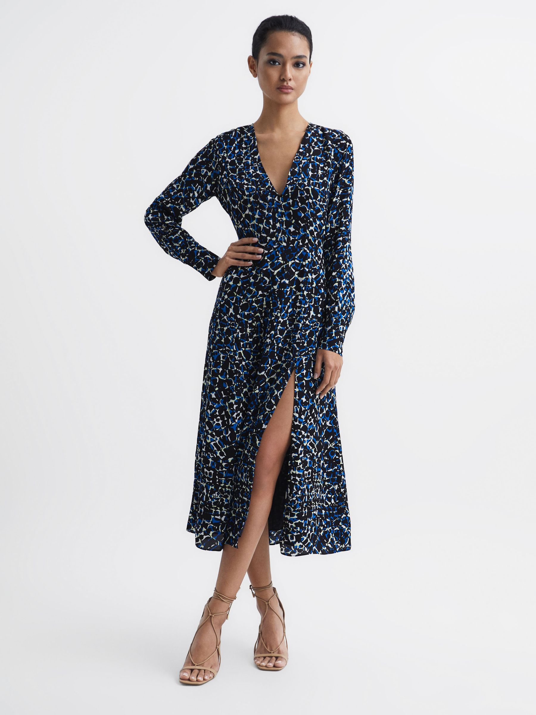 Long Sleeve Printed Midi Dress in Navy/Blue - Image 1 of 7