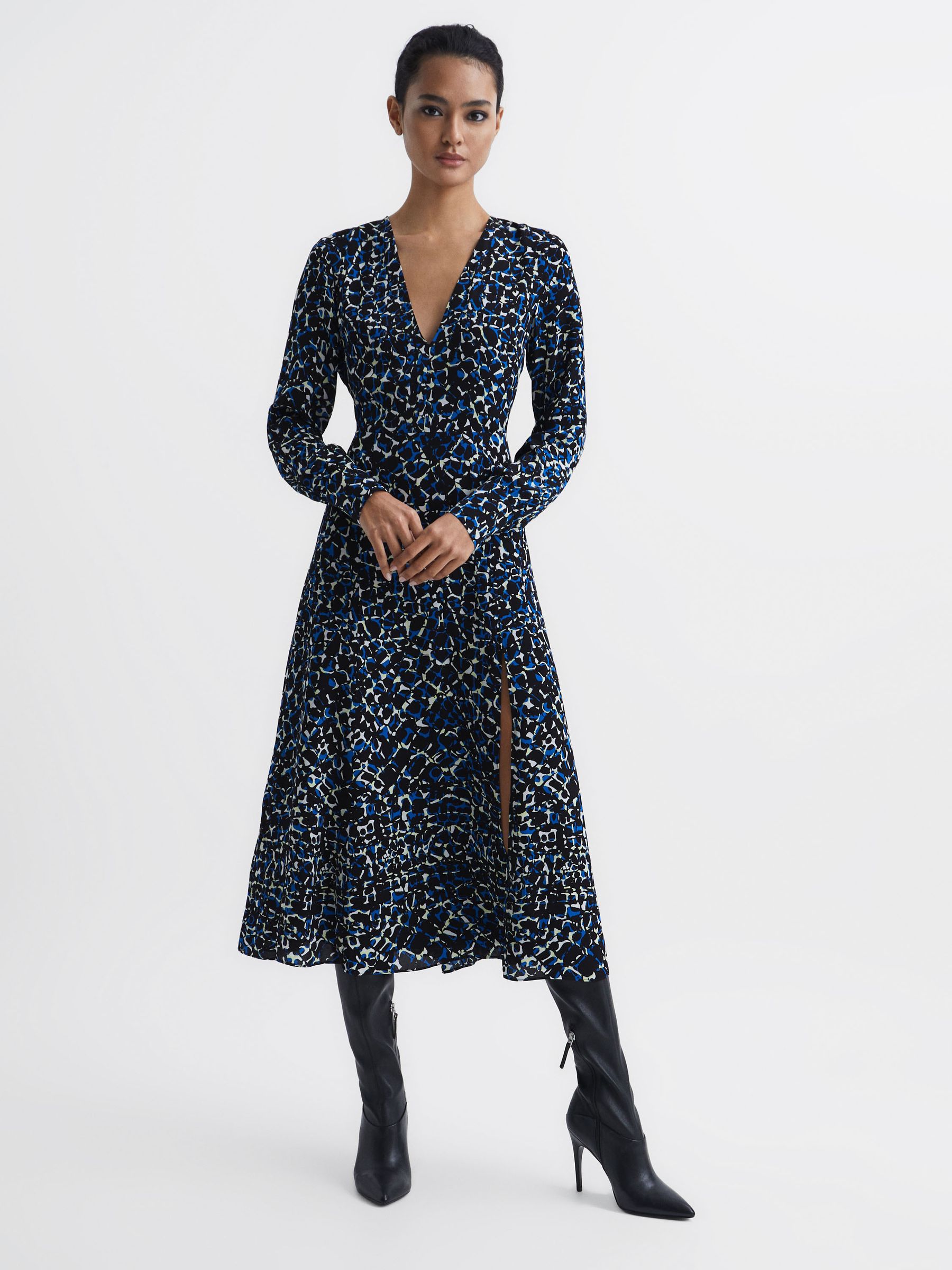 Long Sleeve Printed Midi Dress in Navy/Blue - Image 6 of 7
