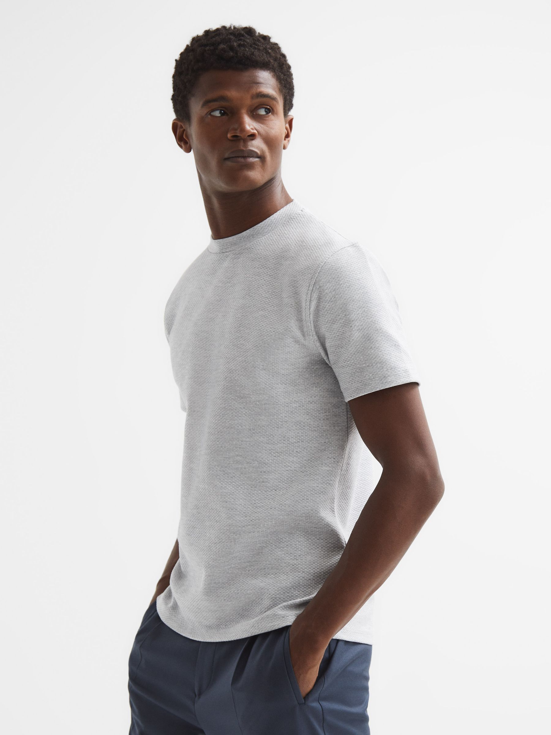 Slim Fit Honeycomb T-Shirt in Grey Melange - Image 6 of 7