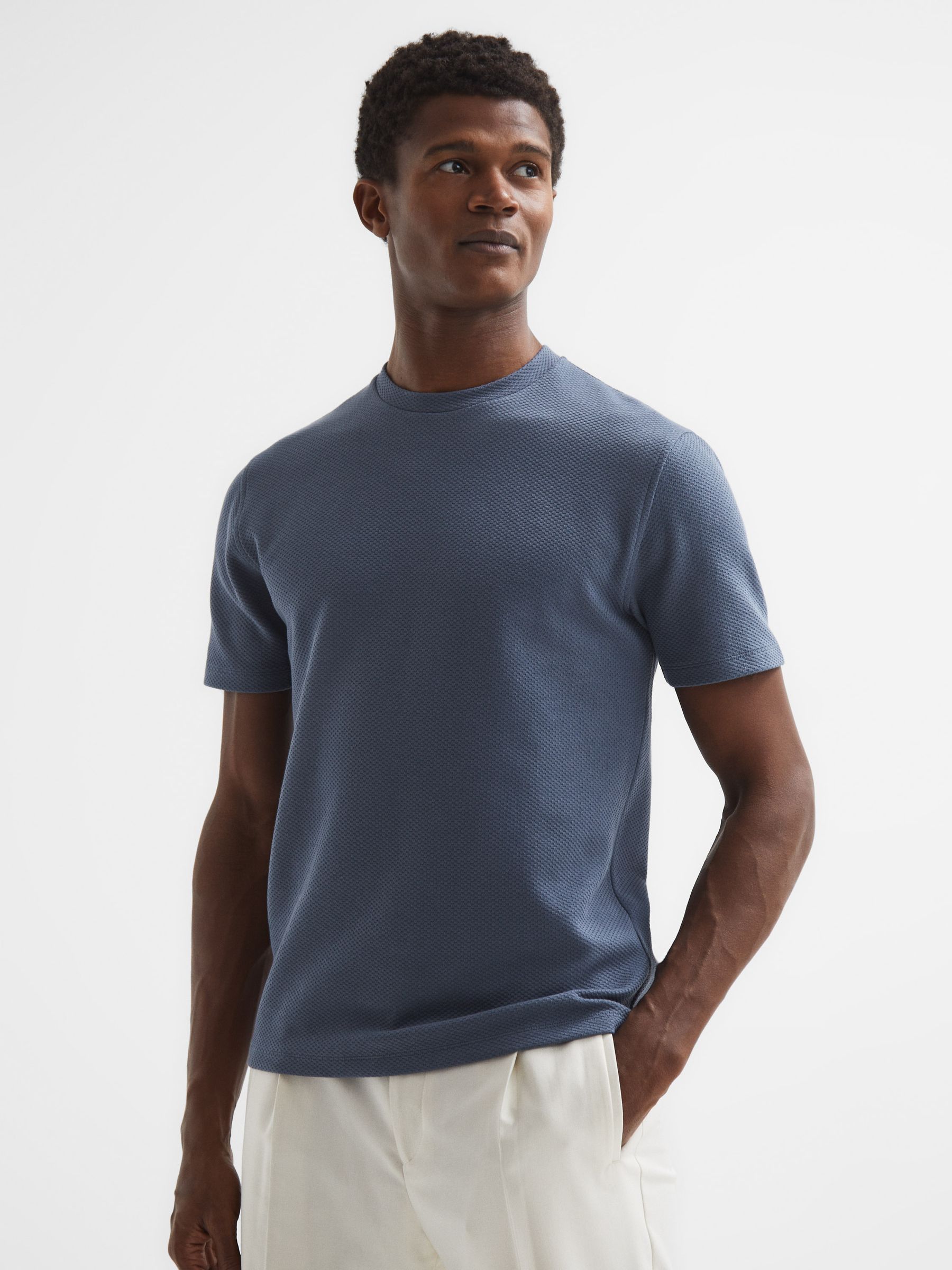 Textured Cotton Blend Crew Neck T-Shirt in Airforce Blue - Image 9 of 9