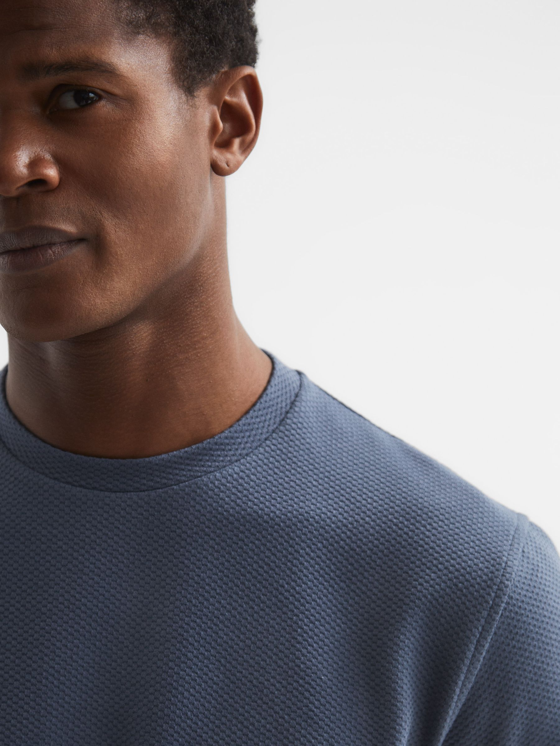 Textured Cotton Blend Crew Neck T-Shirt in Airforce Blue - Image 4 of 9