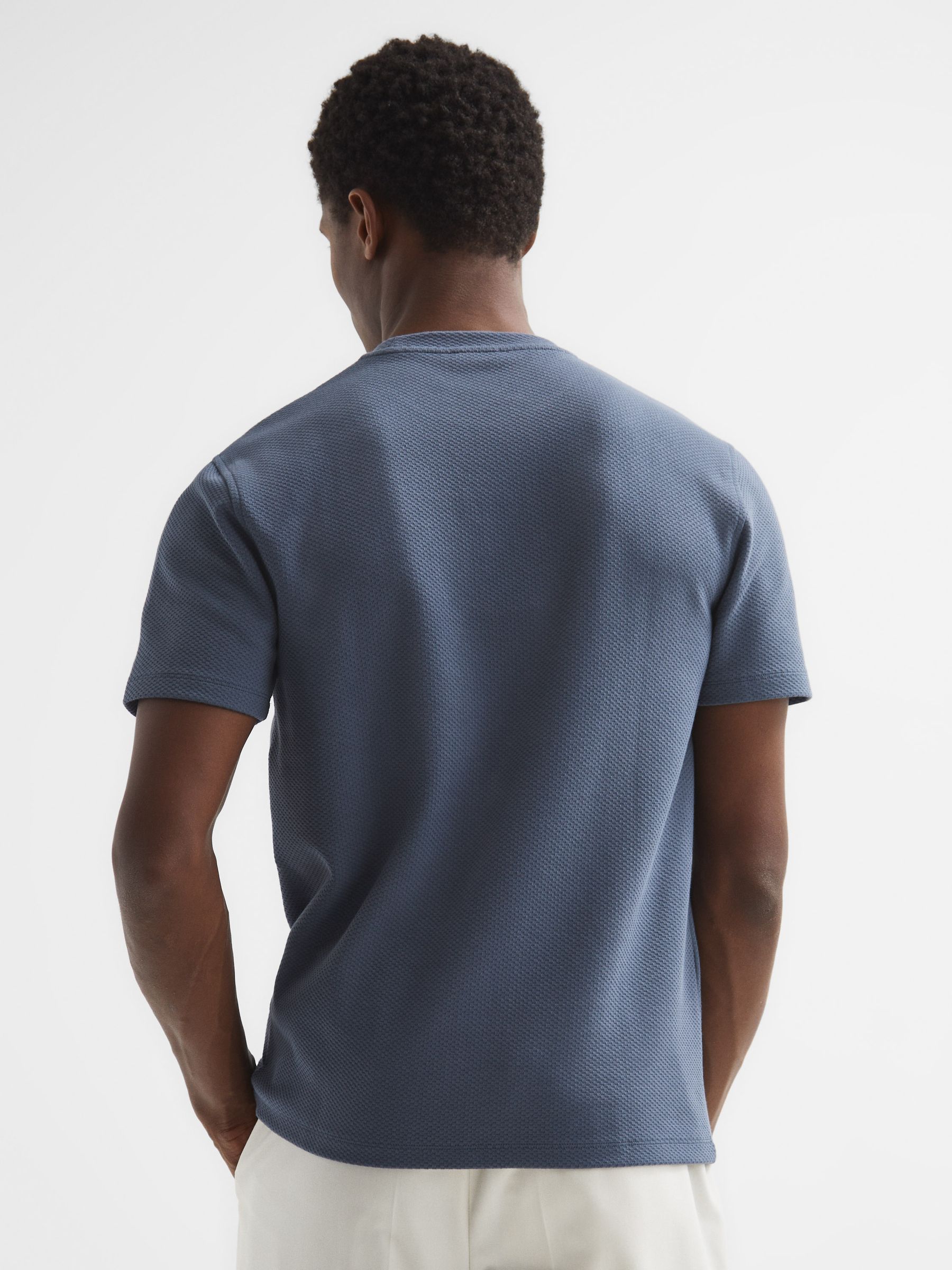 Textured Cotton Blend Crew Neck T-Shirt in Airforce Blue - Image 5 of 9