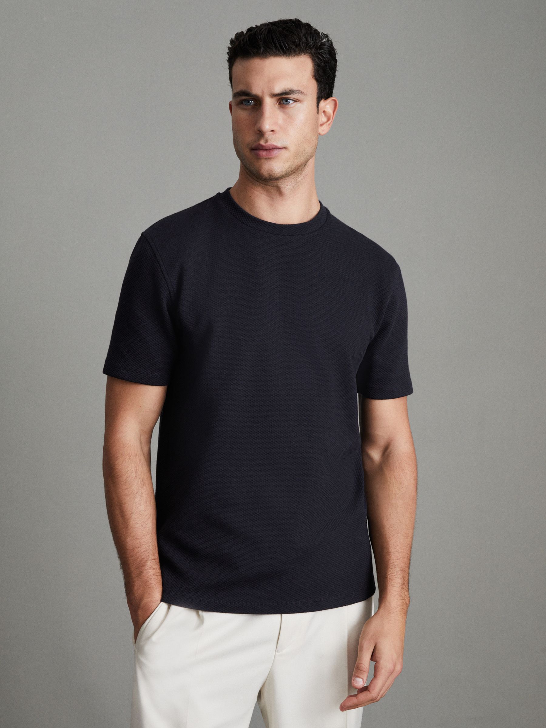 Slim Fit Honeycomb T-Shirt in Navy - Image 1 of 7