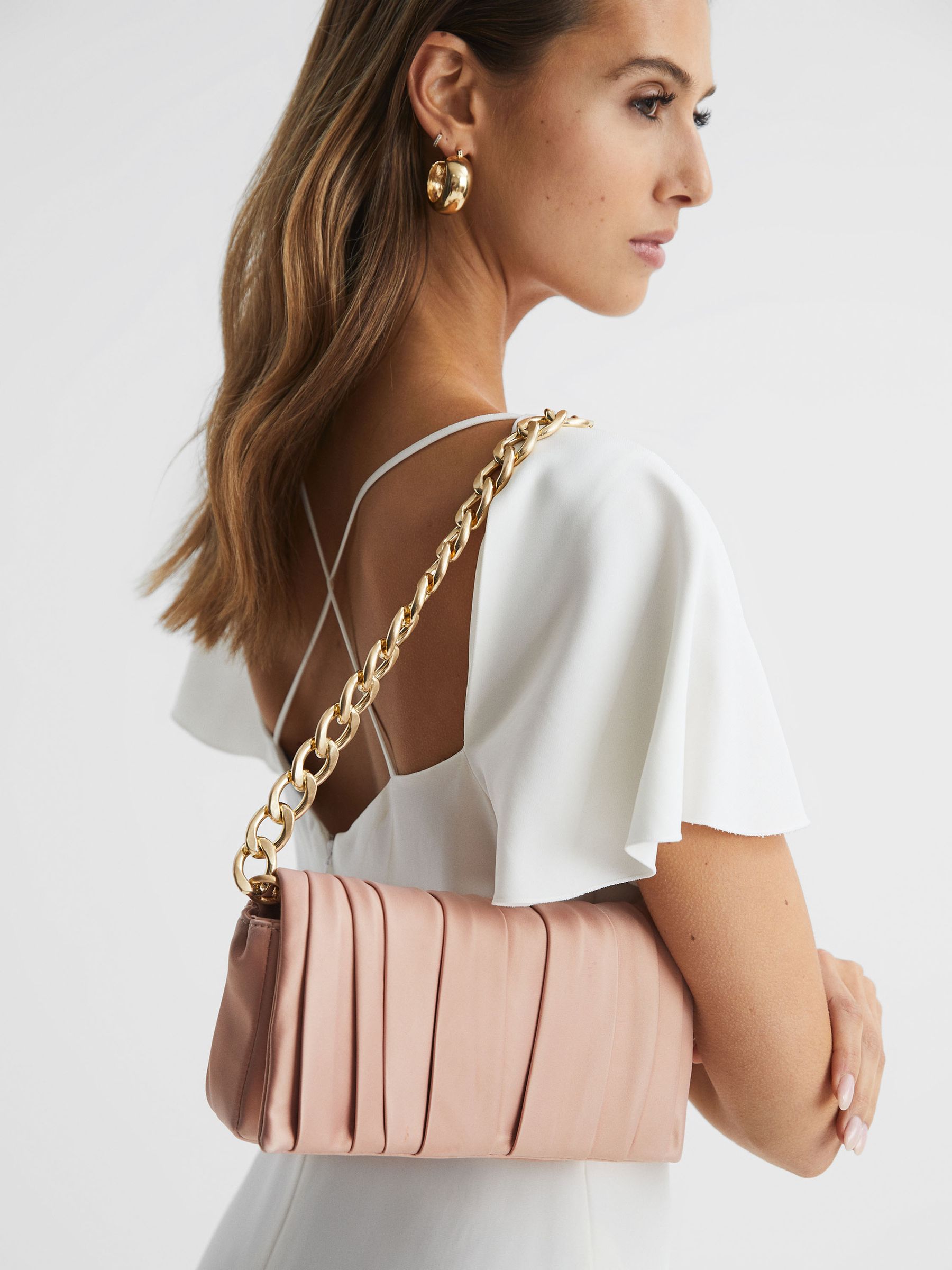 Satin Pleated Clutch Bag in Blush - Image 3 of 5