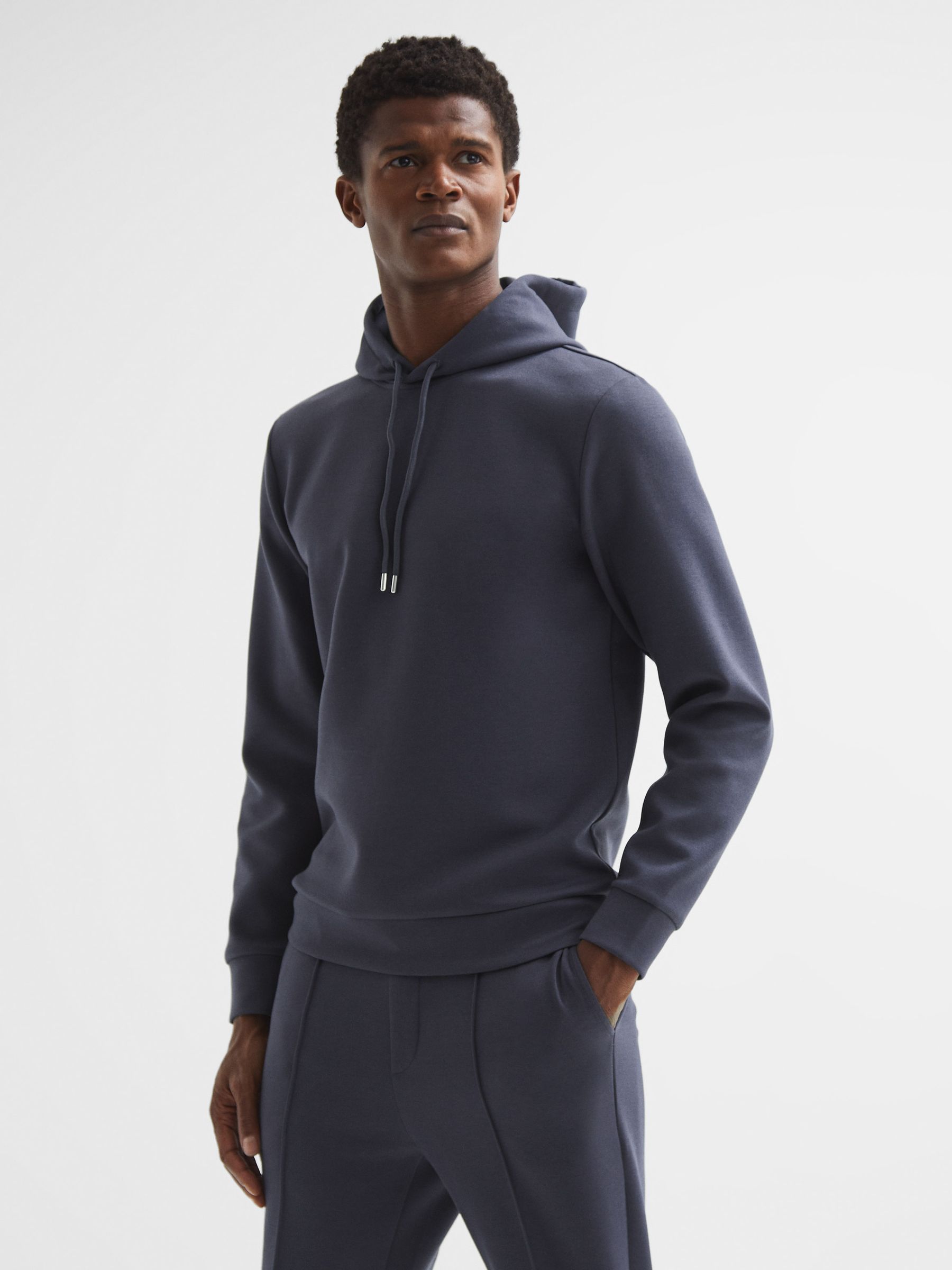 Plain Interlock Jersey Drawstring Hoodie in Airforce Blue - Image 1 of 6