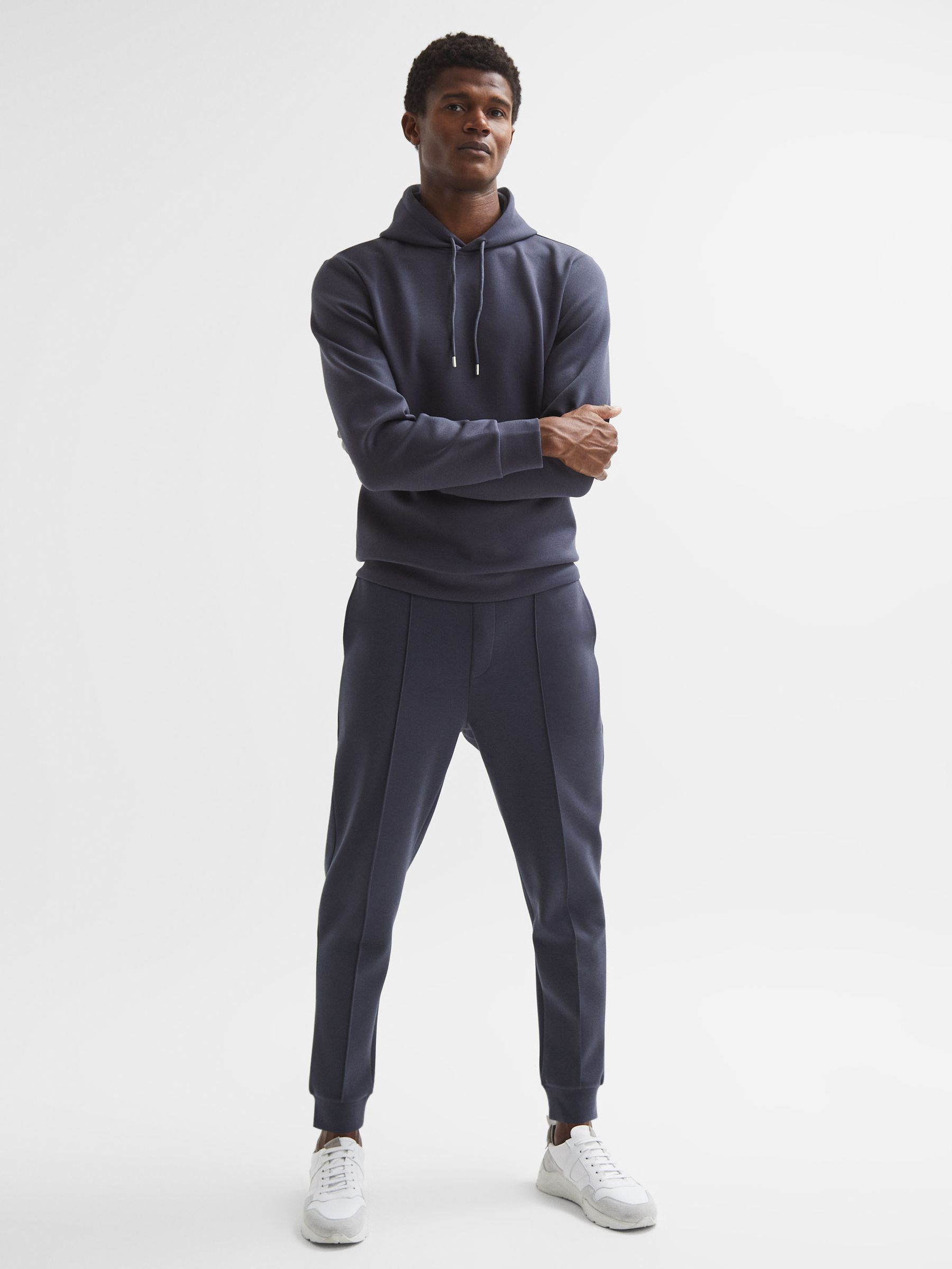 Plain Interlock Jersey Drawstring Hoodie in Airforce Blue - Image 3 of 6