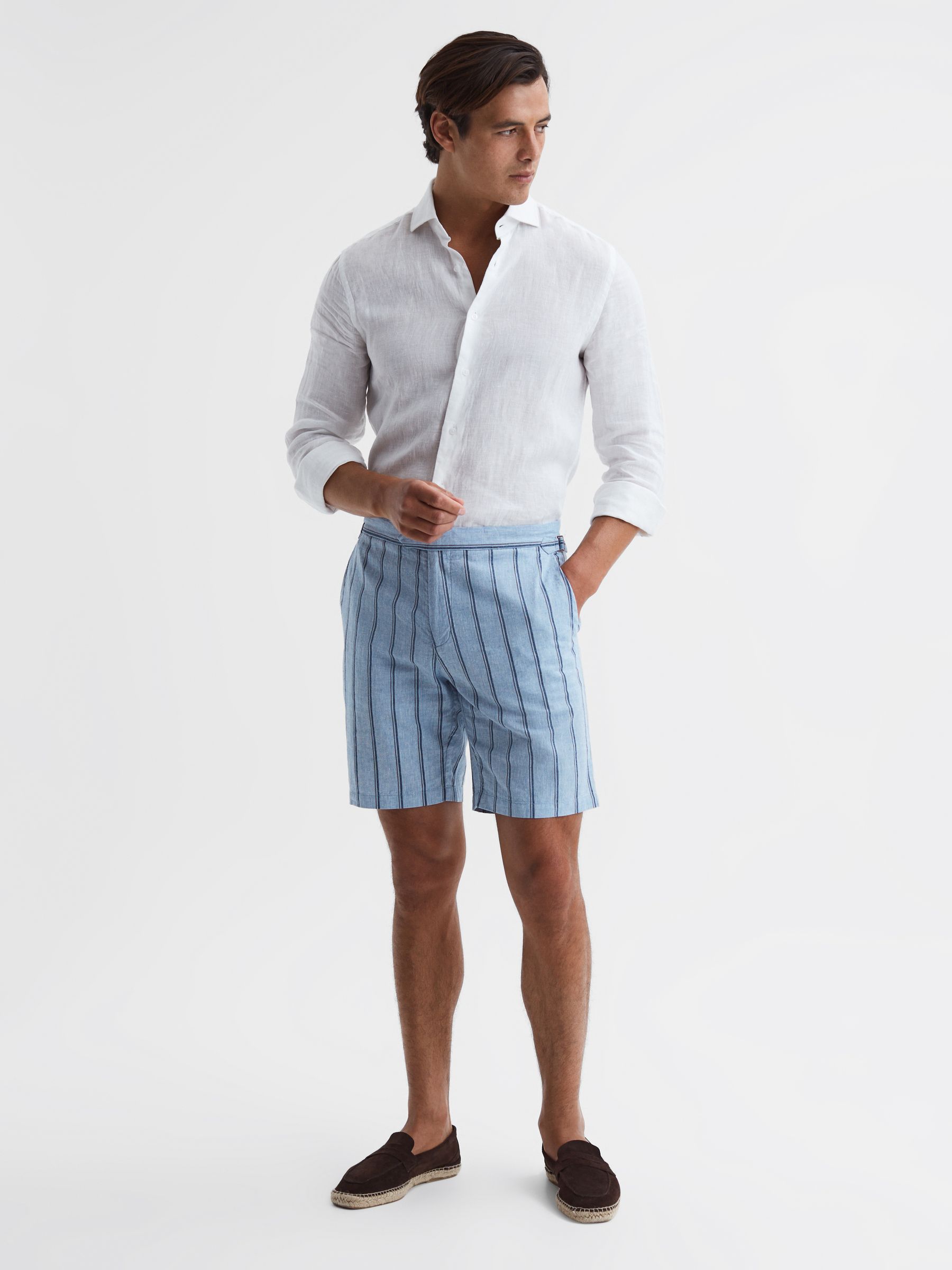 Cotton-Linen Striped Shorts in Soft Blue - Image 1 of 5