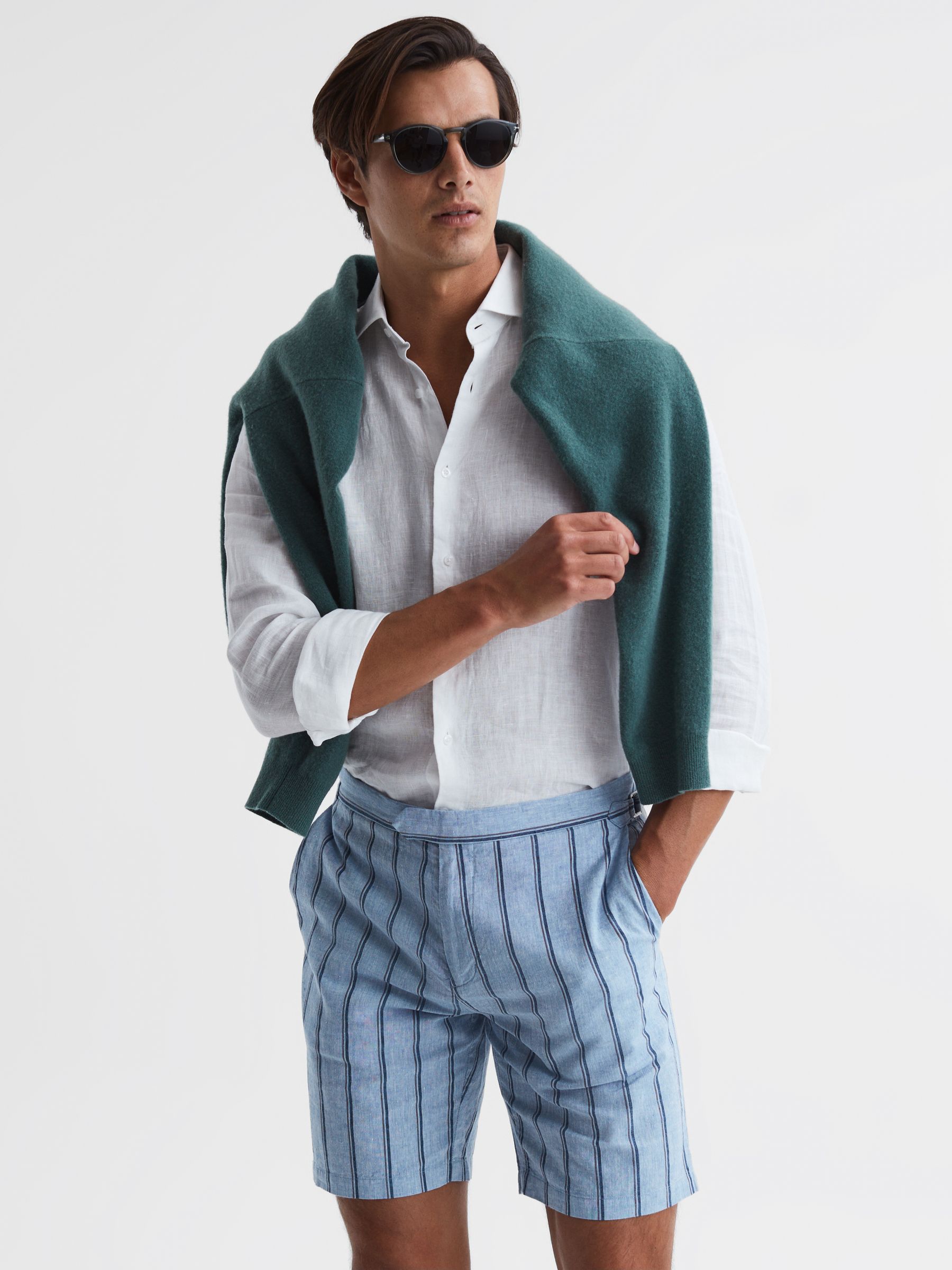 Cotton-Linen Striped Shorts in Soft Blue - Image 3 of 5