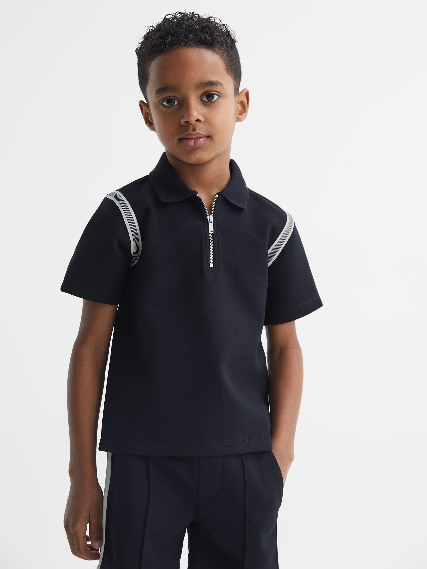 Senior Half Zip Stripe Detail Polo Shirt in Navy - Image 3 of 7