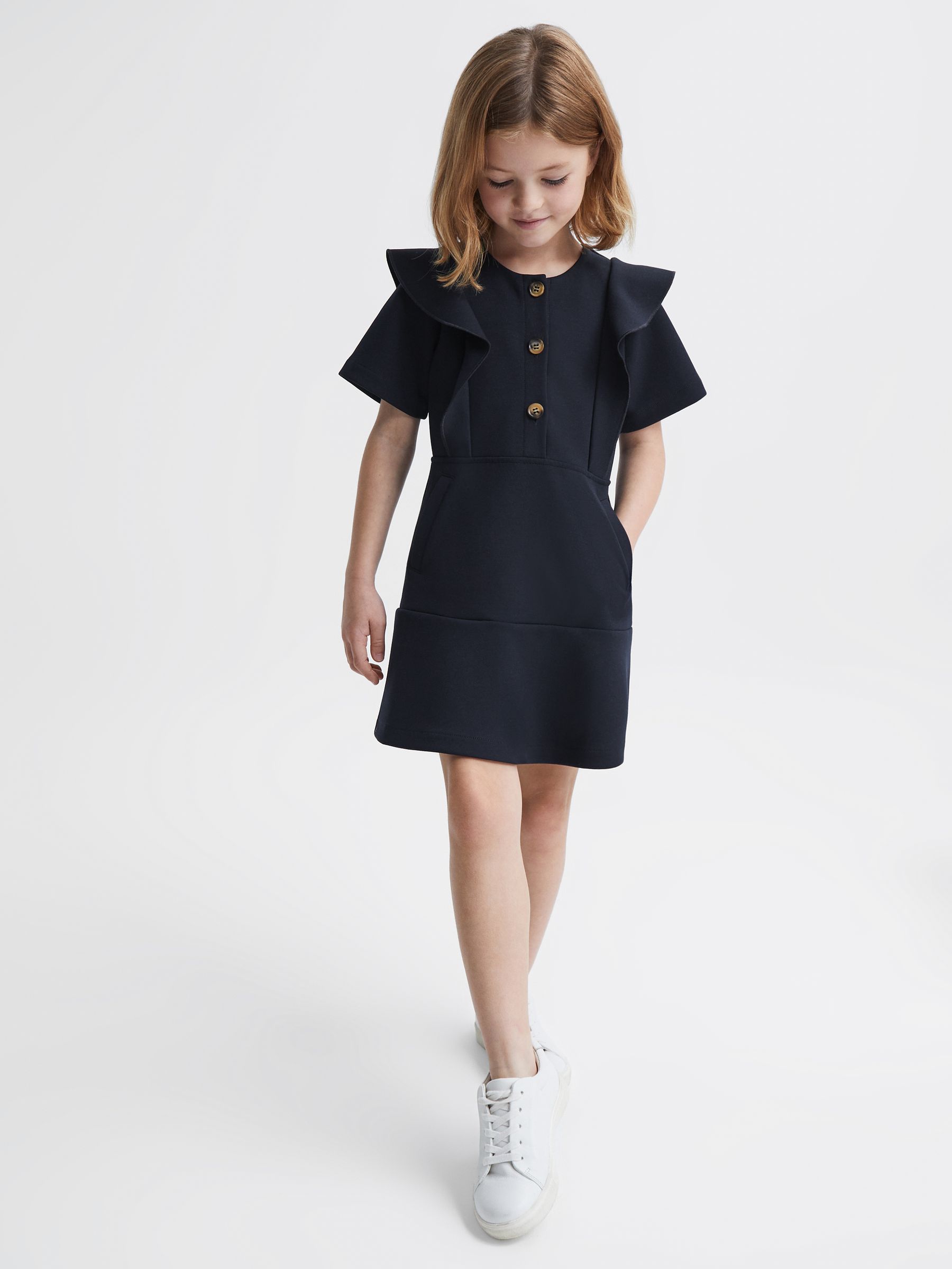 Junior Ruffle Sleeve Button Dress in Navy - Image 3 of 7