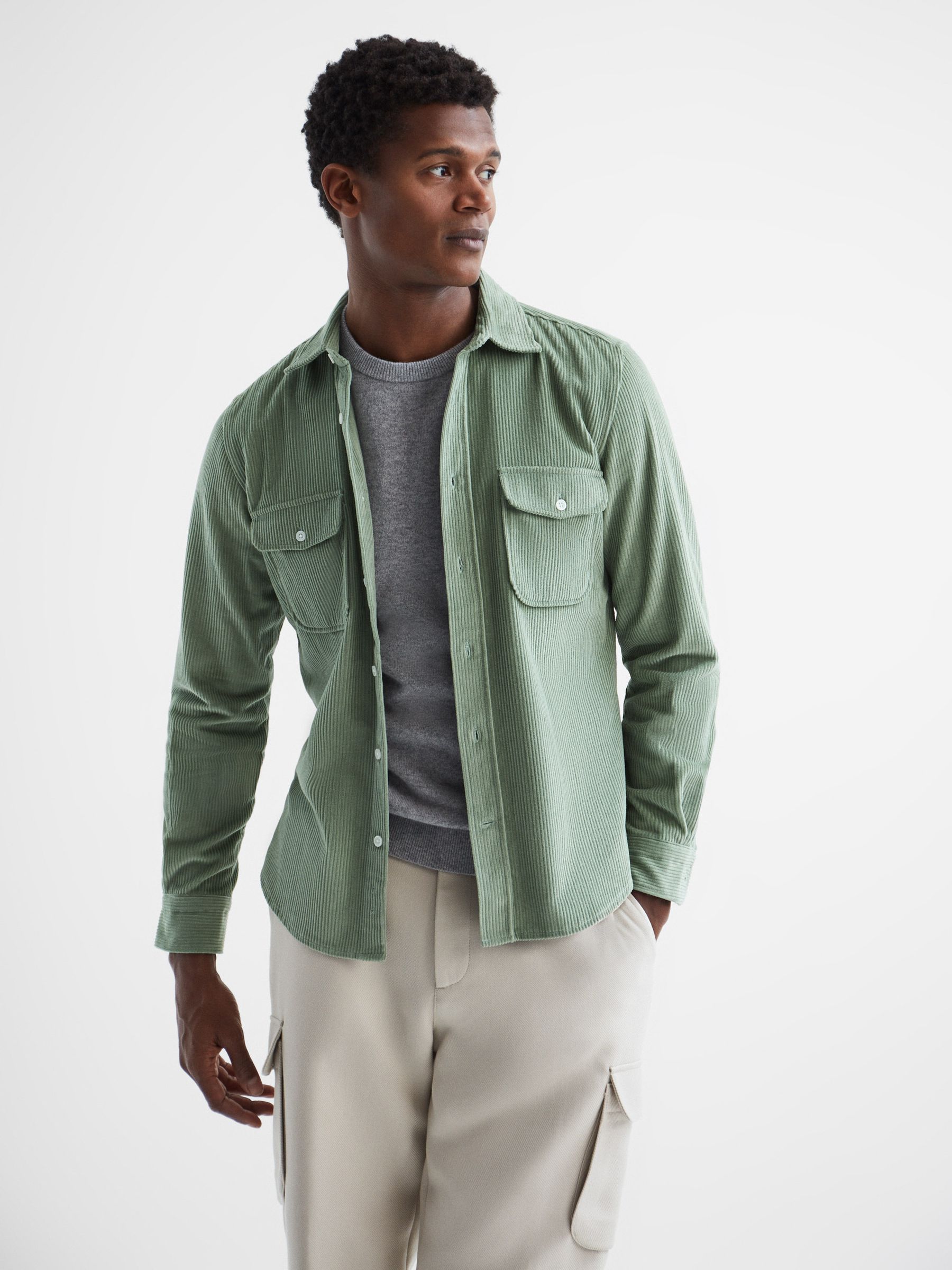 Corduroy Twin Pocket Overshirt in Sage - Image 1 of 6