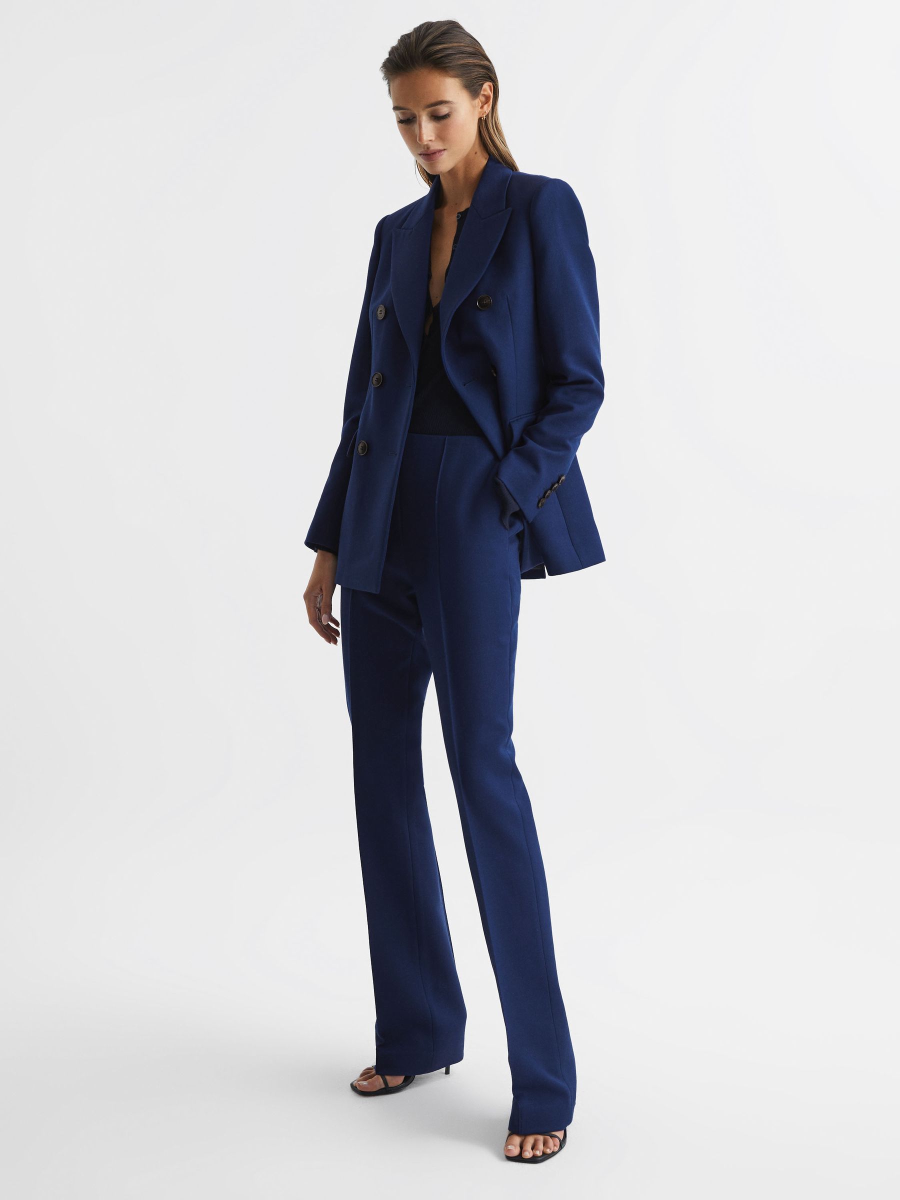 Mid Rise Flared Wool Trousers in Blue - Image 3 of 7
