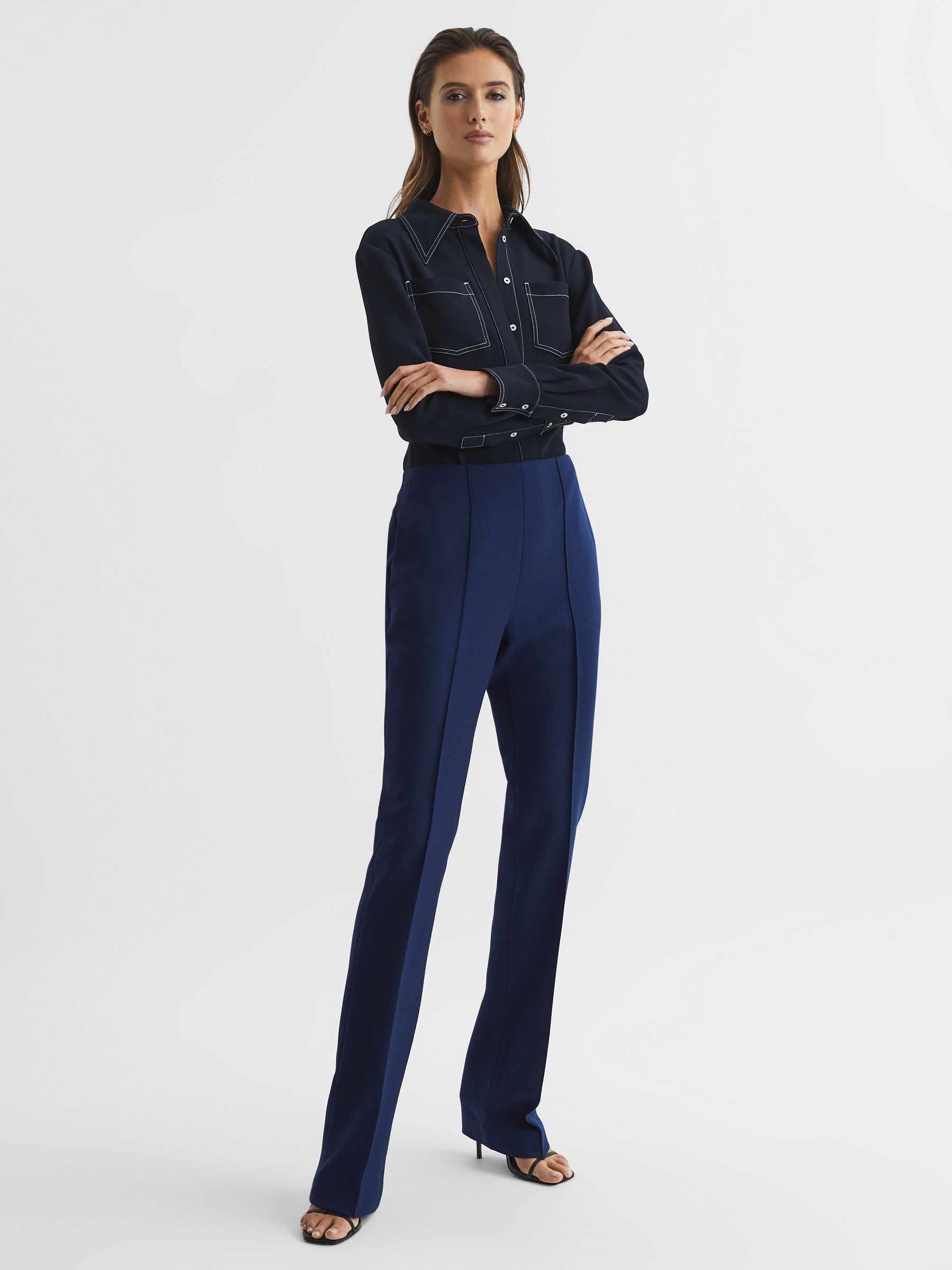 Mid Rise Flared Wool Trousers in Blue - Image 7 of 7