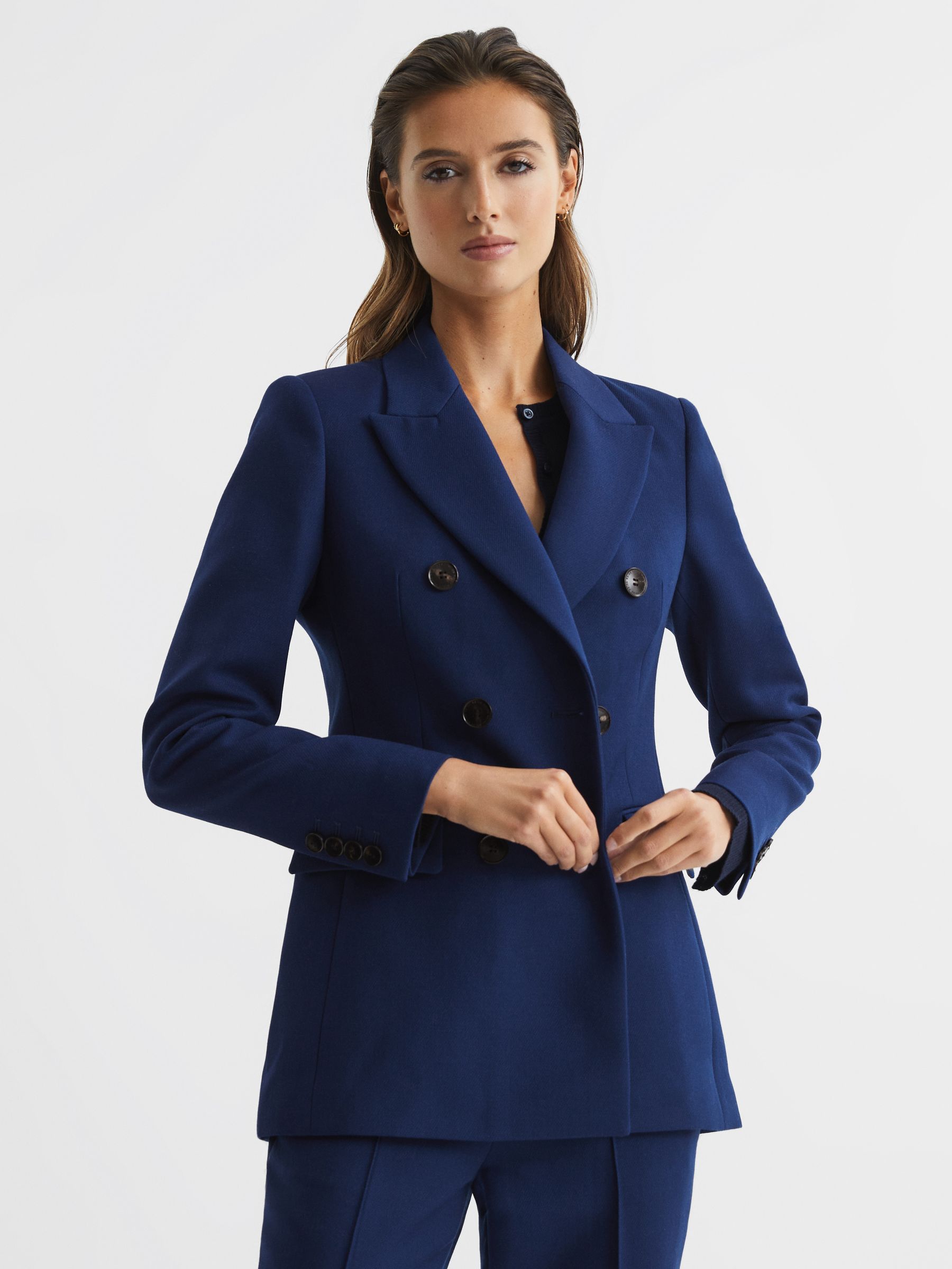 Double Breasted Wool Blazer in Blue - Image 1 of 7 Double Breasted Wool Blazer in Blue - Image 1 of 7