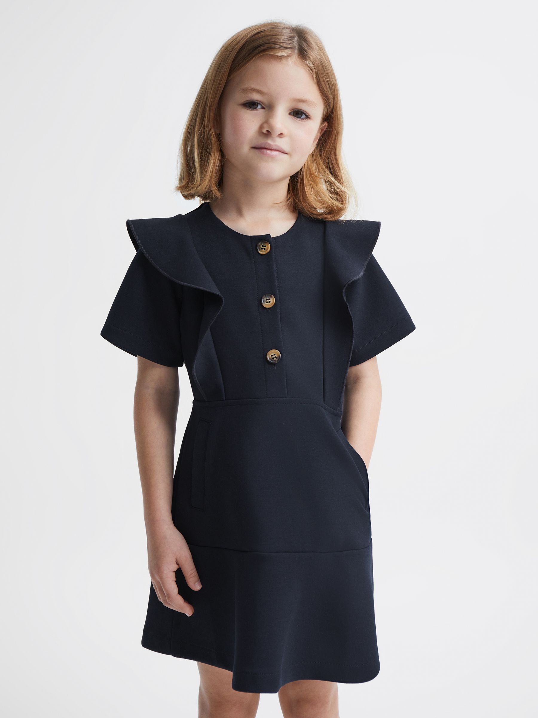 9-14 yrs Ruffle Sleeve Button Dress in Navy - Image 1 of 6