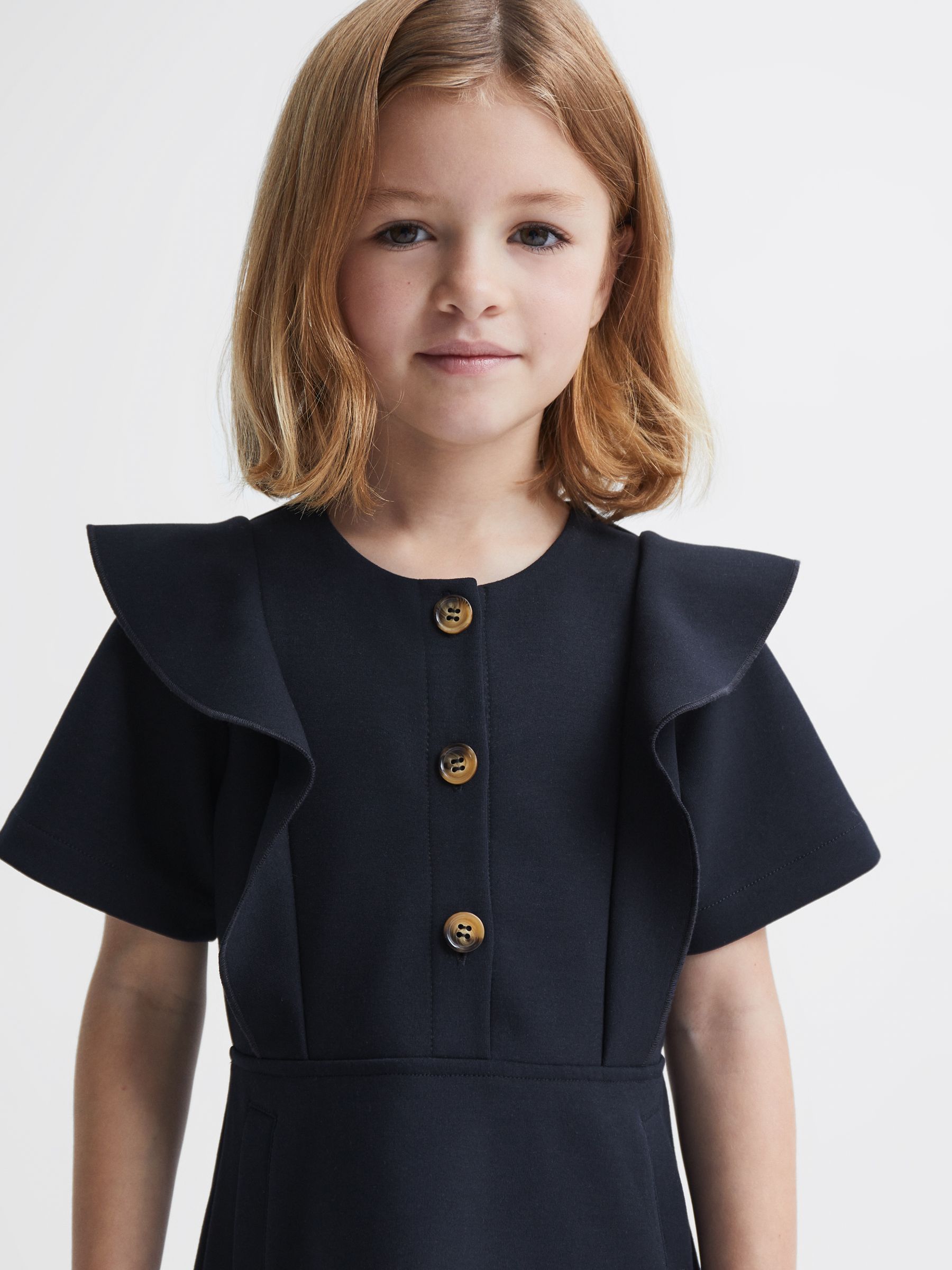9-14 yrs Ruffle Sleeve Button Dress in Navy - Image 2 of 6