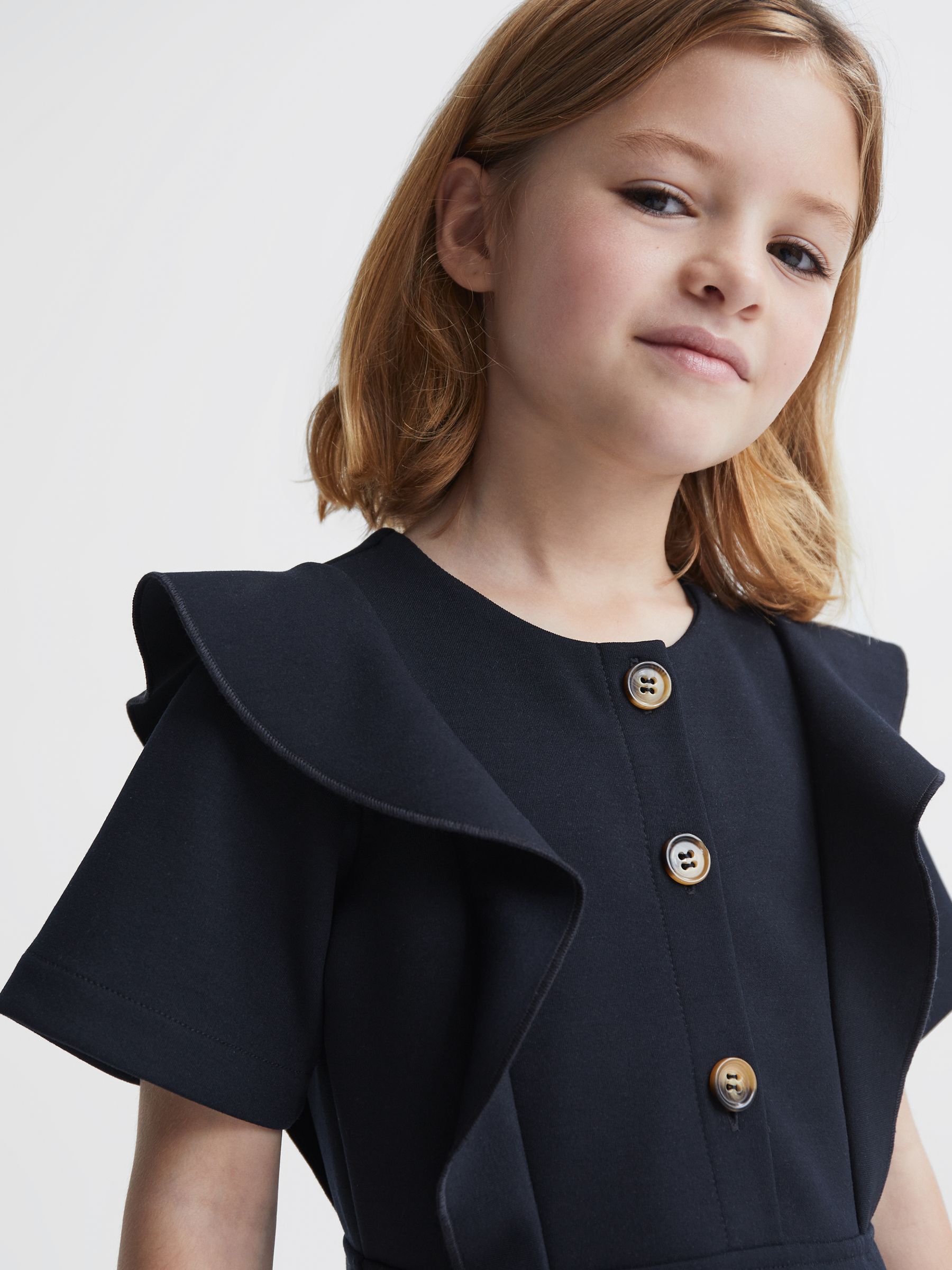 9-14 yrs Ruffle Sleeve Button Dress in Navy - Image 4 of 6