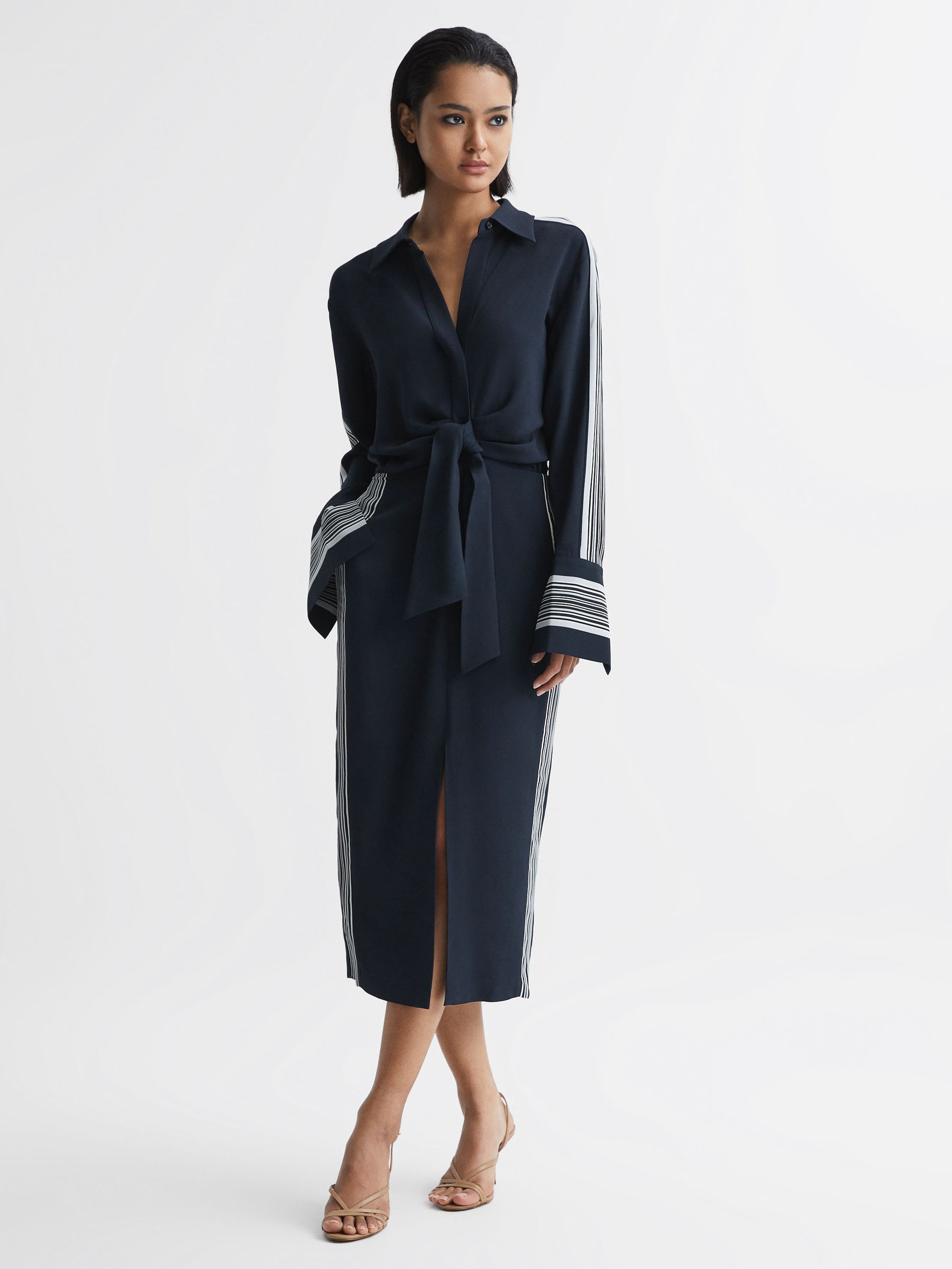 Petite Side Stripe Tie Front Midi Dress in Navy - Image 1 of 8