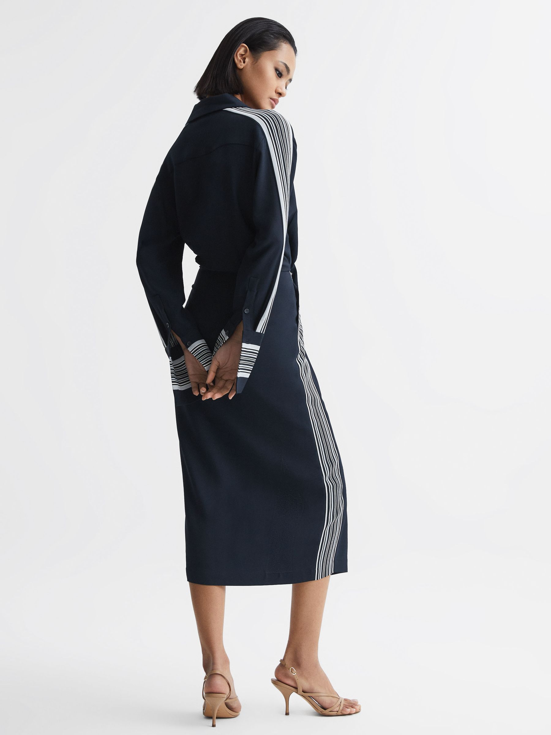 Petite Side Stripe Tie Front Midi Dress in Navy - Image 5 of 8